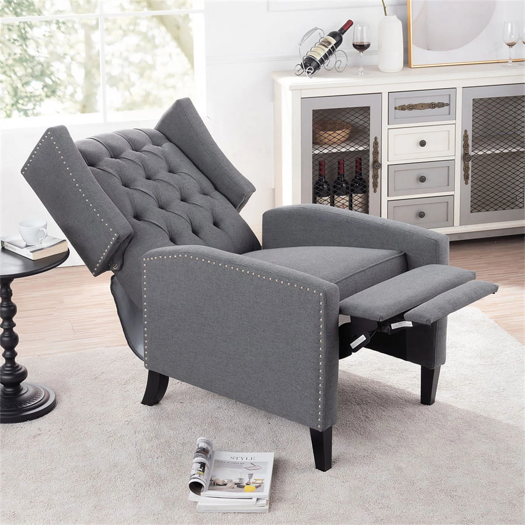 Triple Tree Modern Fabric Foam Wood Solid Print Nailhead Trim Accent Chair, Beige - Image 17