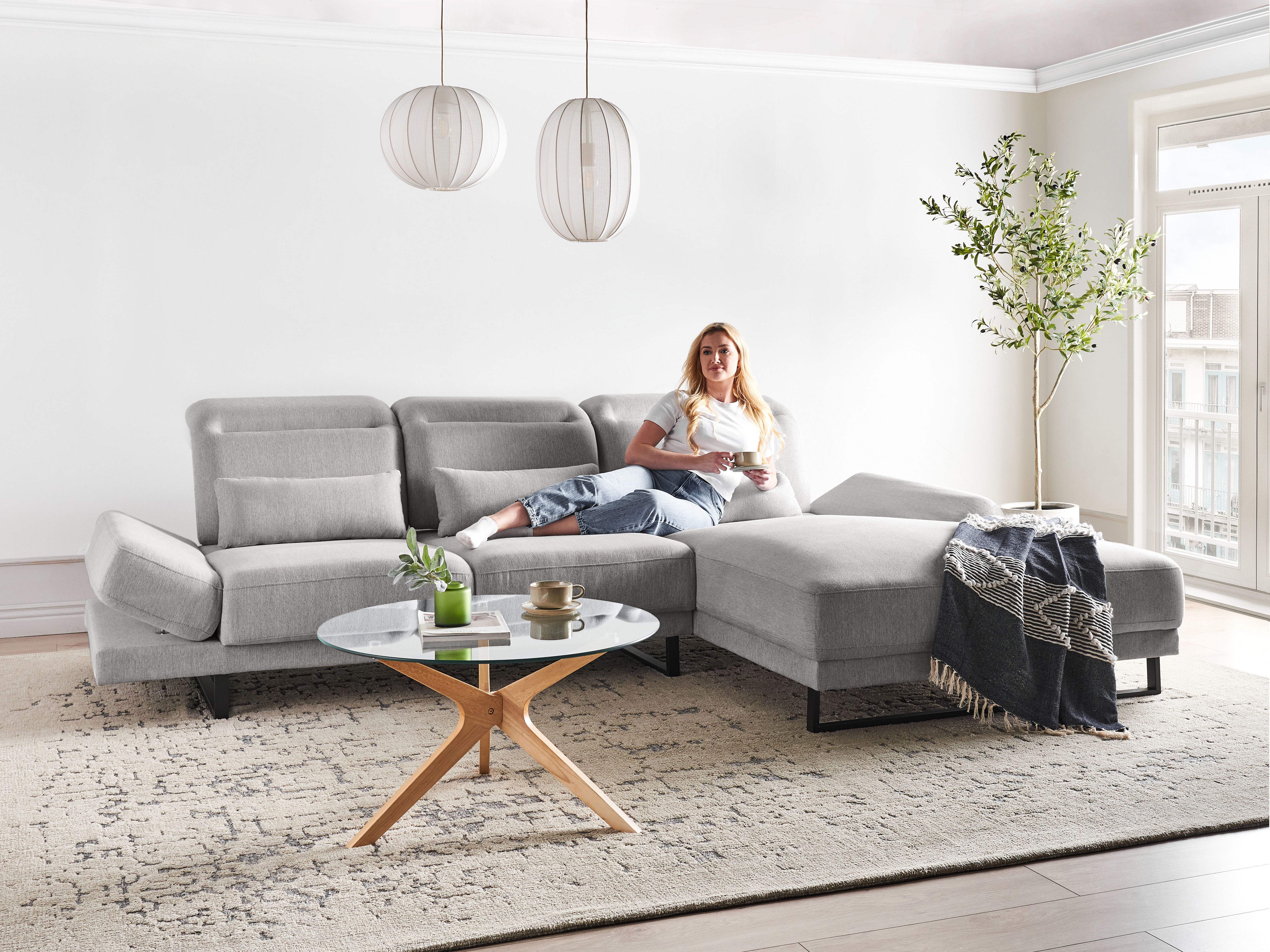 Corner Sofa 4 Seater IKAST Fabric Light Grey Left Hand
