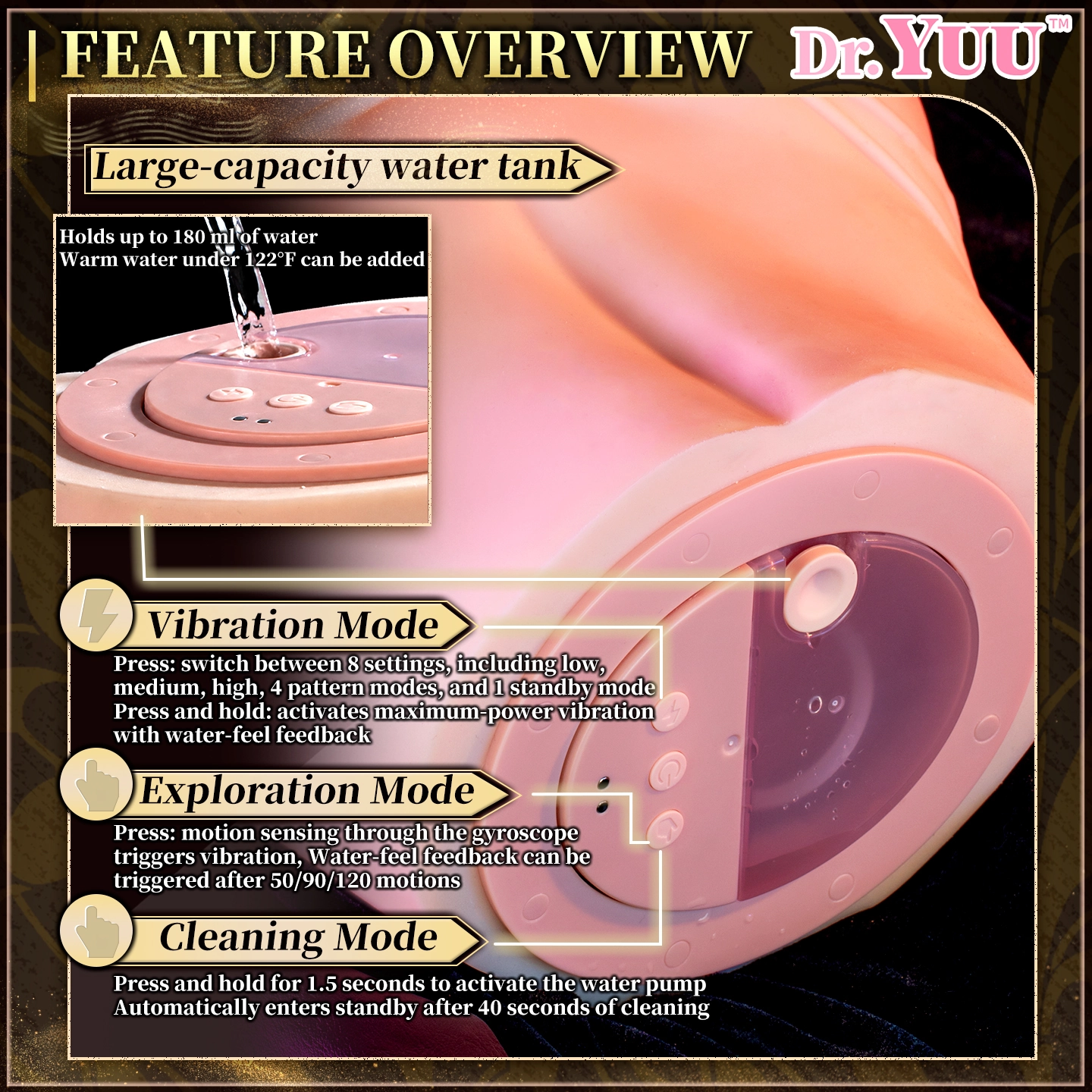 Vibrating ass masturbator with an easy-fill water port, dual vibration units, and responsive water-motion effects