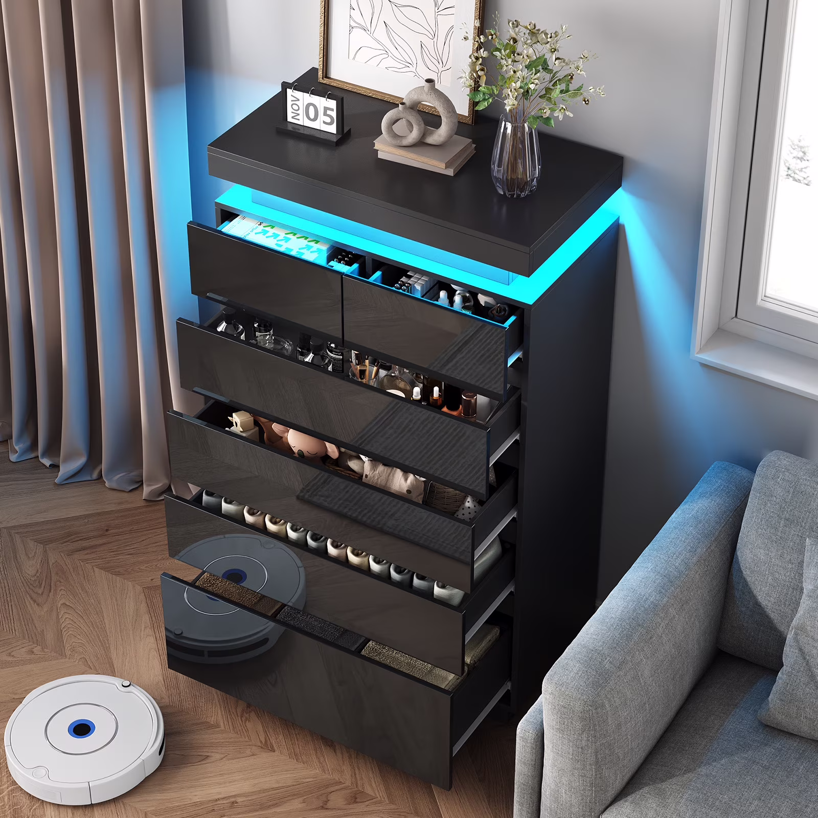 NEGYLIM 6 Drawer White Dresser, High Gloss Dresser with LED Light for Bedroom, Living Room, Hallway, Easy Assembly - Image 3
