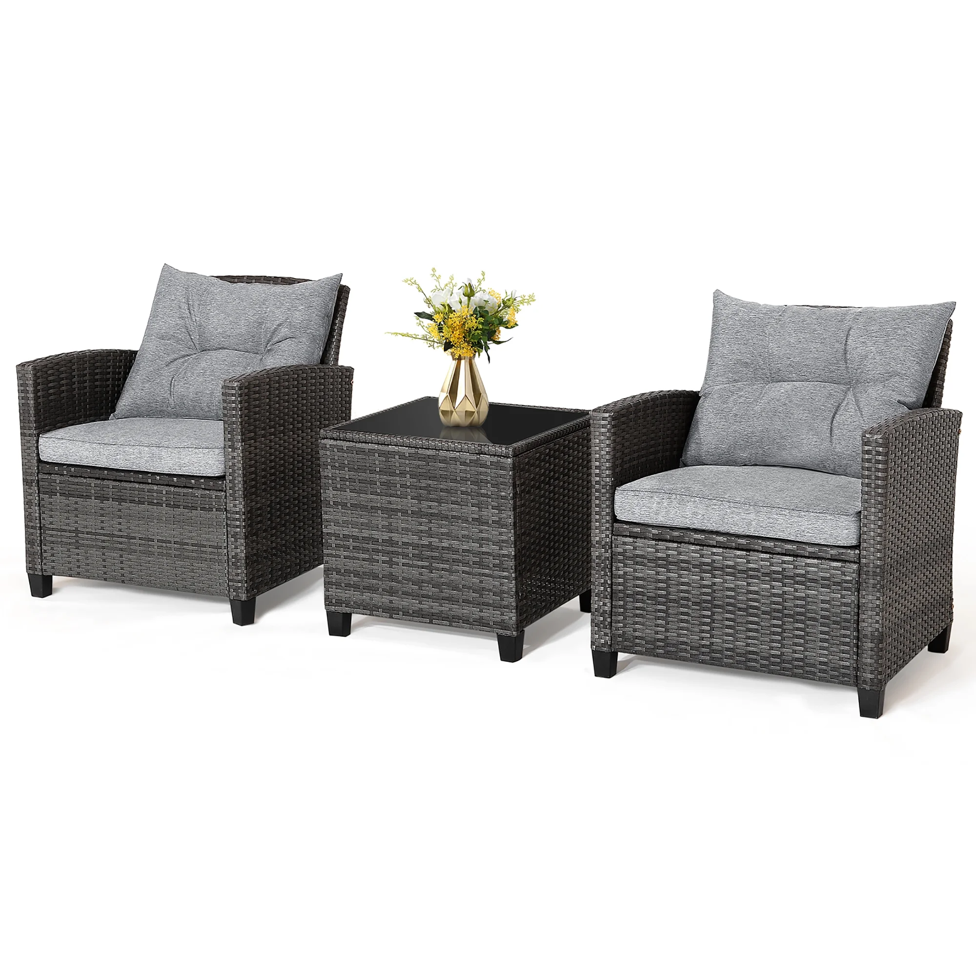 Gymax 3PCS Patio Rattan Sofa Set Outdoor Wicker Conversation Set Glass Tabletop w/ Grey Cushion - Image 2