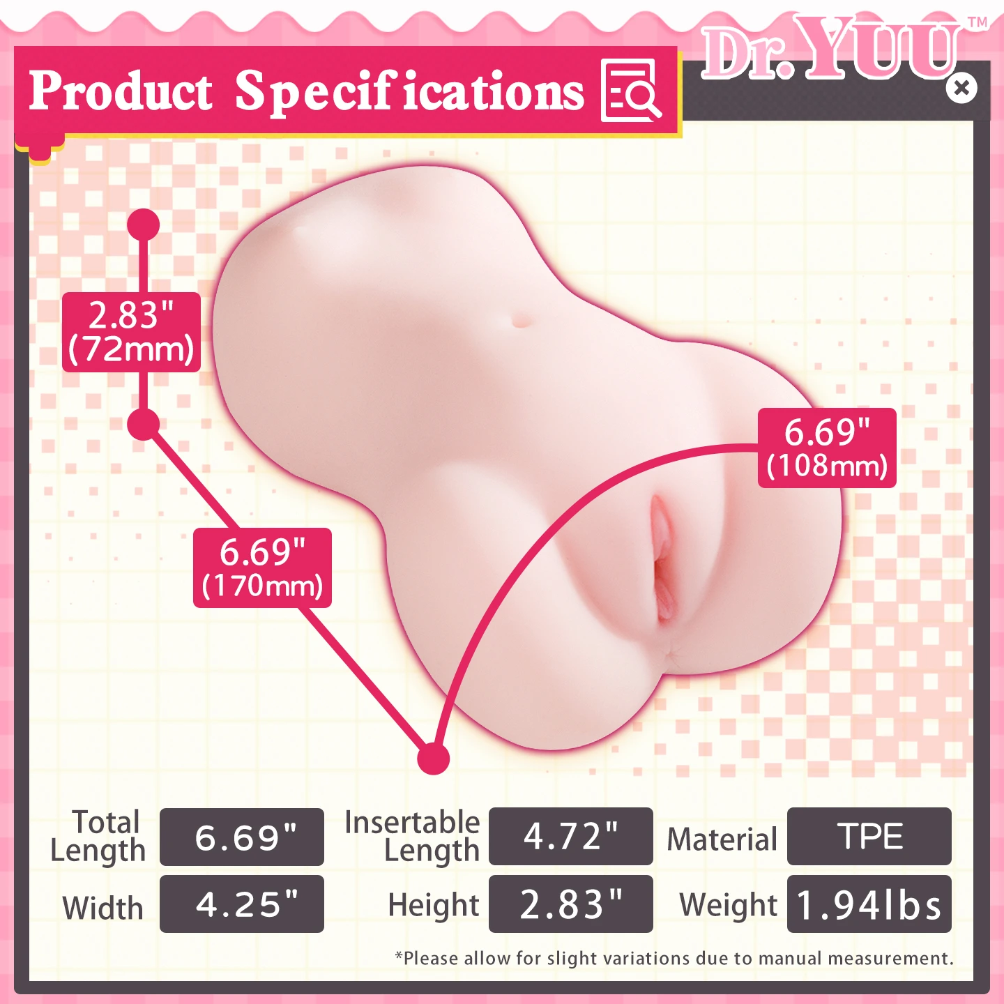 Detailed technical specifications chart for the Dr.YUU Tiger Fang 3.0 heated pocket pussy.