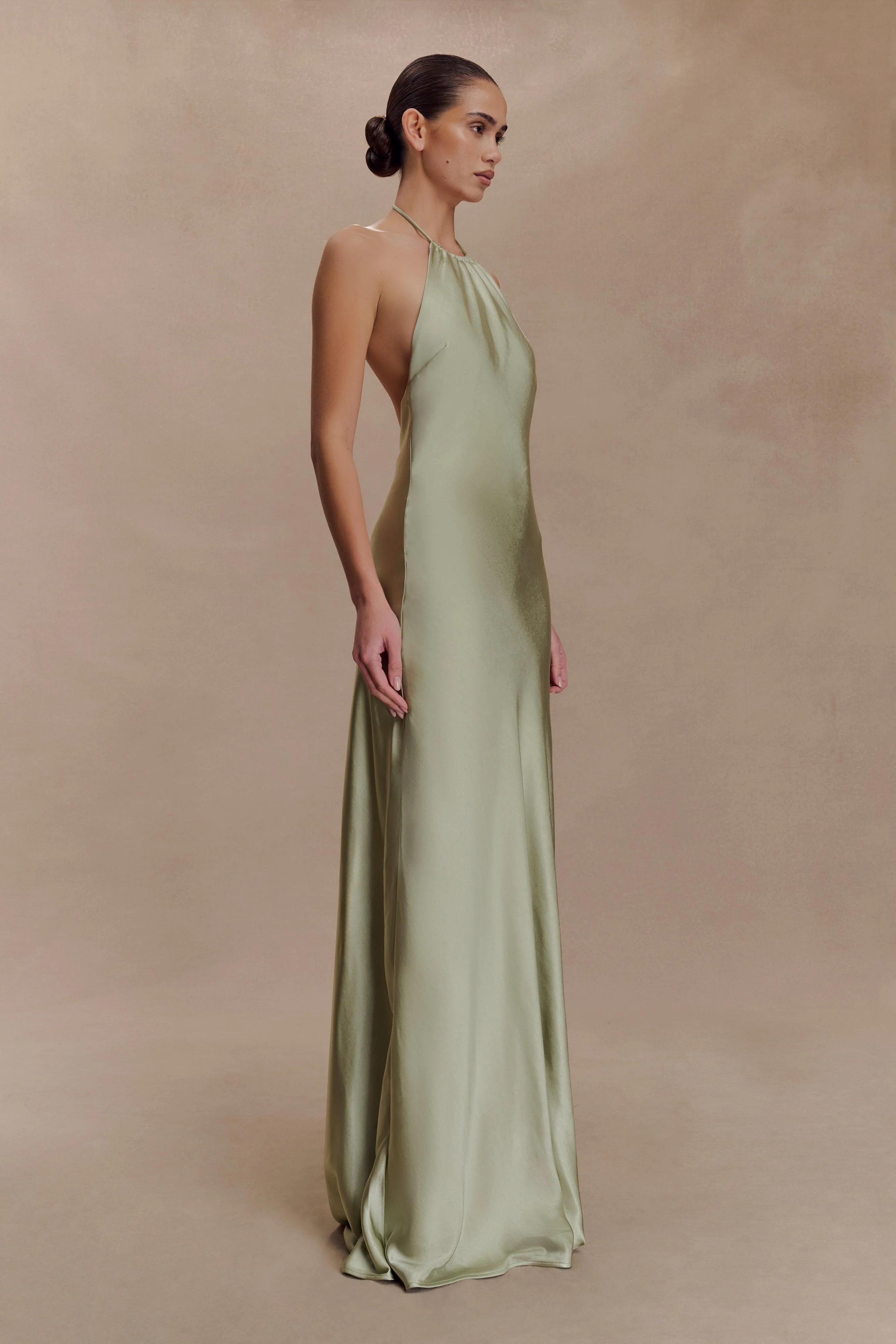 Bella Satin Halter Maxi Dress - Sage