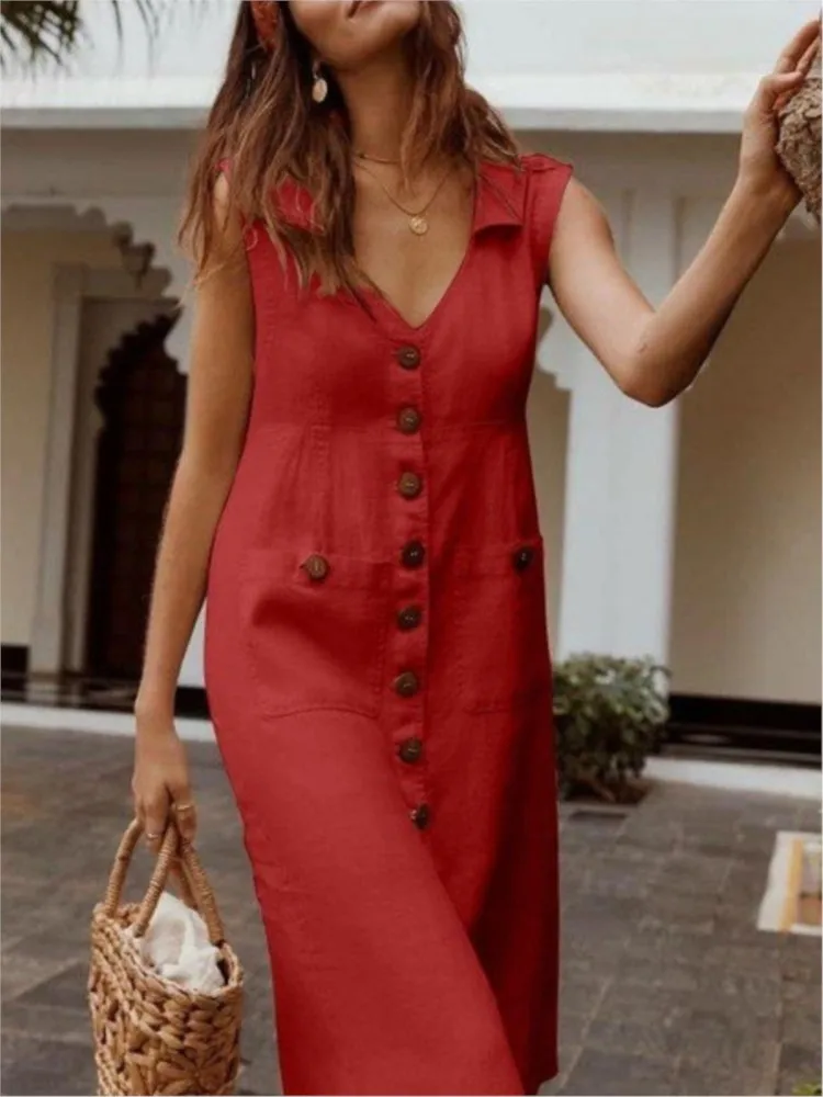Dresses For Women Sleeveless Solid Color Buttons Fashion Vintage Loose Dress Vestidos Feminino 2025 Summer Elegant Office - AZJHJ