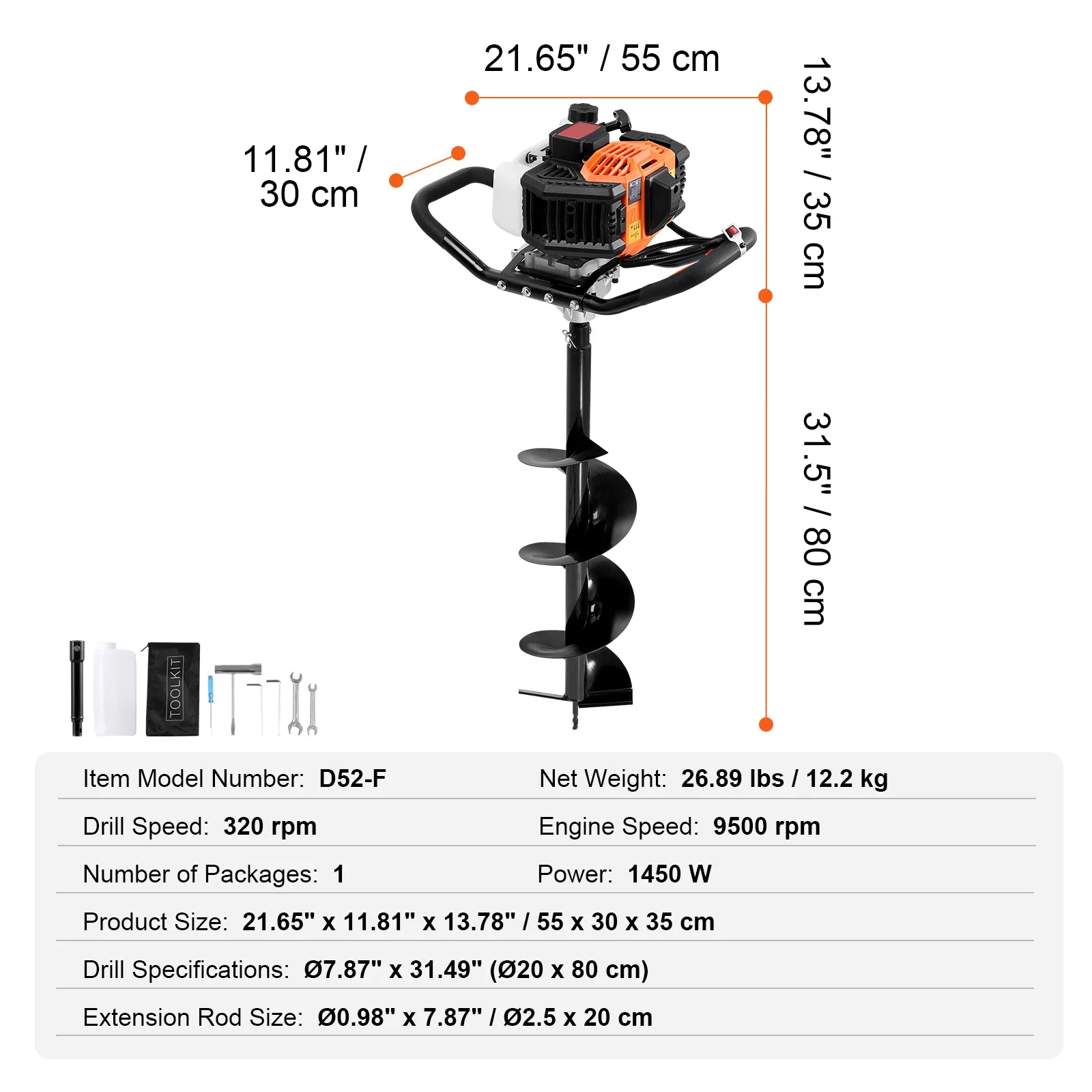 KFFKFF Gas Earth Auger, 52CC 1450W, includes 8�� Drill Bit & Extension Rod, Ideal for Garden, Farmland Fence Installation, Orange & Black - Image 9