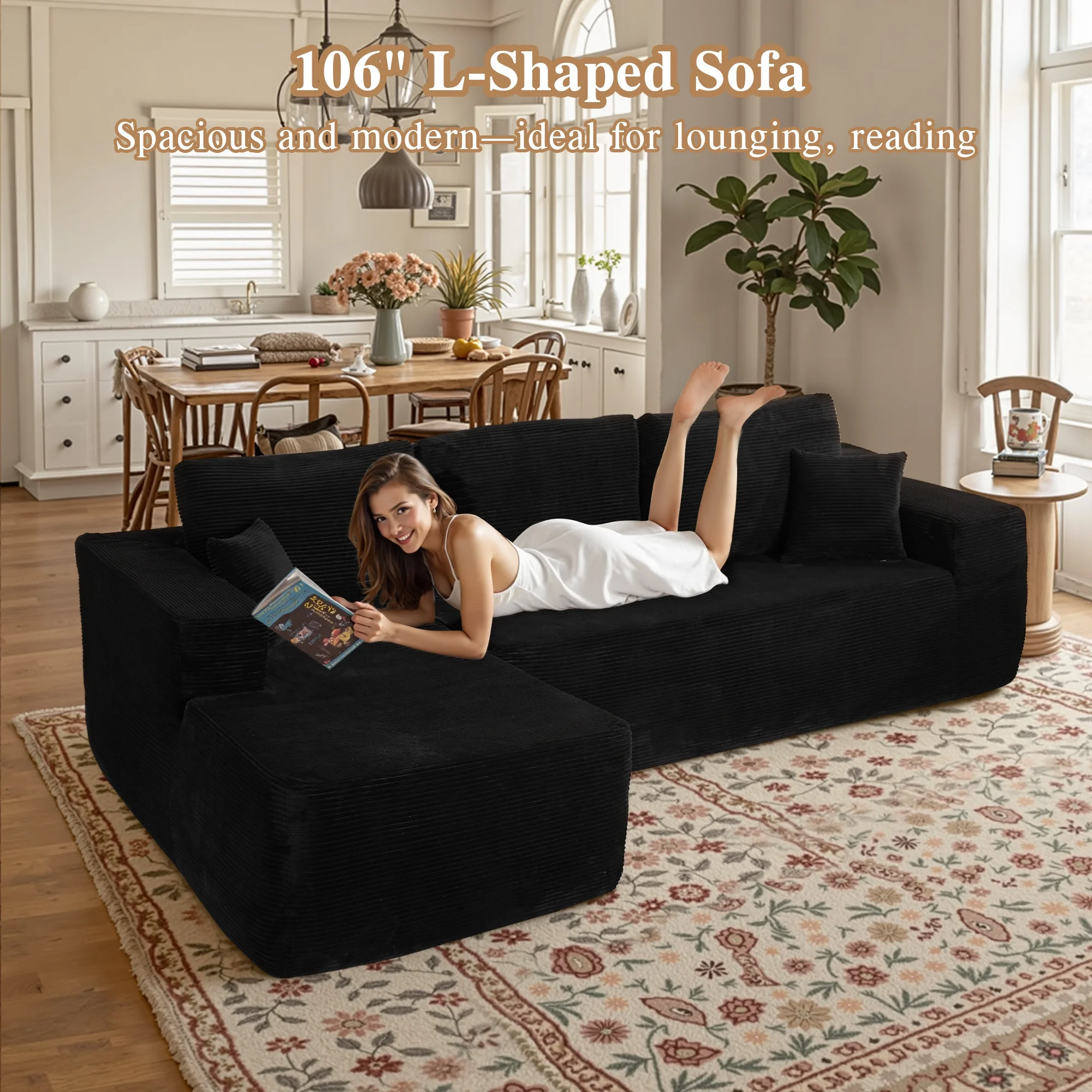 Ovios 106" L-Shaped Sectional Sofa Modern Modular Cloud Couch with Deep Seating Upholstered Sofa for Living Room Bedroom, No Assembly Required, Black(Corduroy) - Image 9