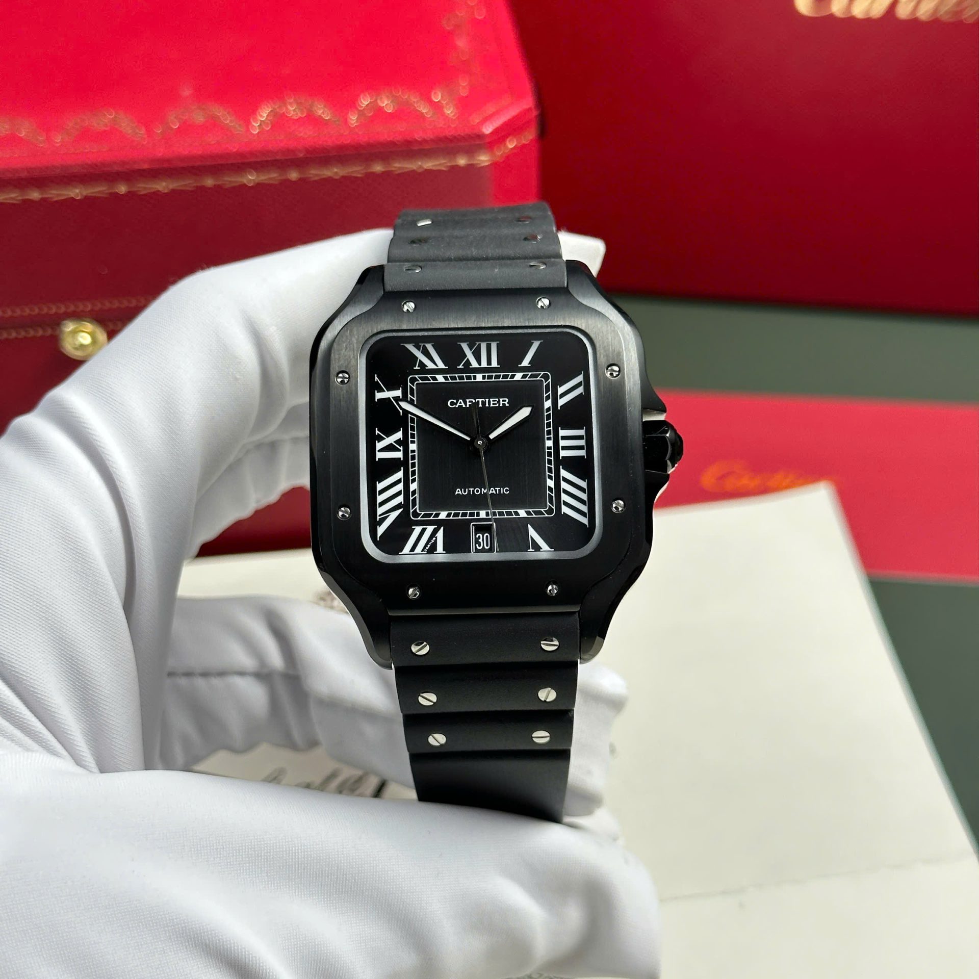 Cartier Santos Black Replica 11 Watch Rubber Strap BV Factory 39.8mm - Elite Watch Atelier