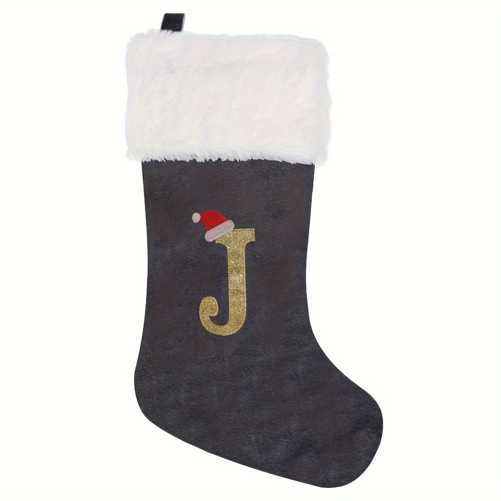 Gepersonaliseerde Fluwelen Kerstsok met Monogram – Modern Grijs Ontwerp