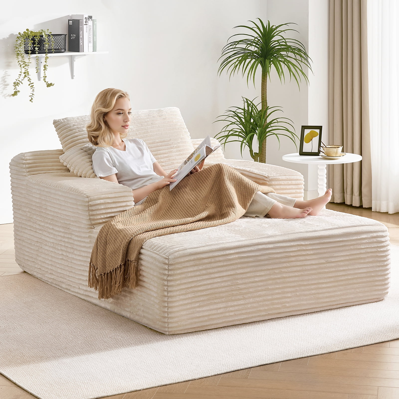 65" Corduroy Cloud Sleeper Chaise Lounge Chair, No Assembly Sofa Bed with Pillows, Beige - Image 10
