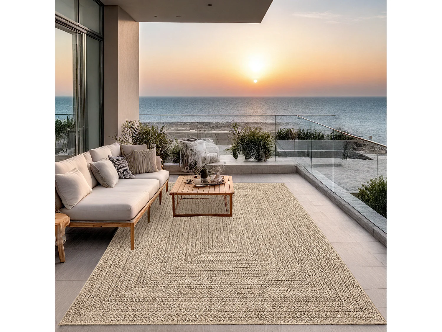 Tapis Kansas intérieur extérieur jute uni résistant intempéries terrasse - Nature - 240 x 340 cm