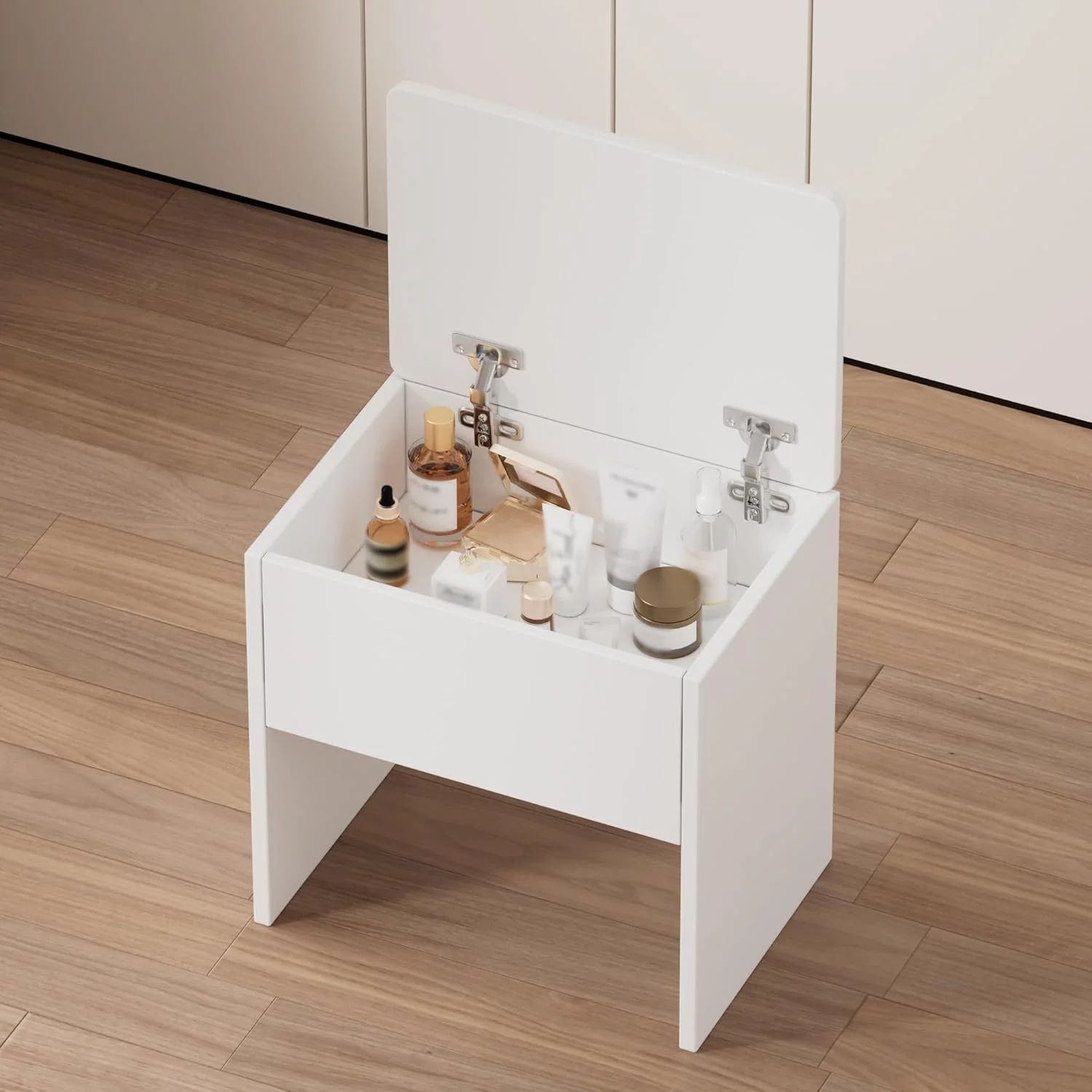 Montary Modern Mini Vanity w/Adjustable LED Mirror + Hidden Storage, Padded Stool & Dustproof Shelves (White) - Image 130