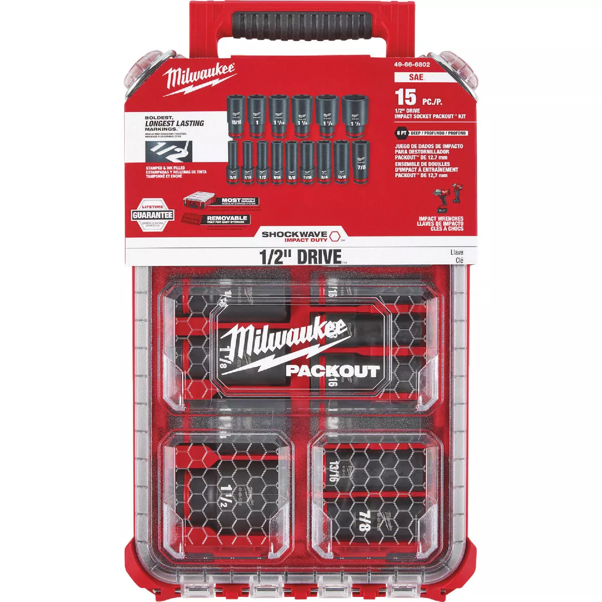 Milwaukee SHOCKWAVE Standard 1/2 In. Drive 6-Point Deep Impact Driver Set with PACKOUT Organizer (15-Piece)