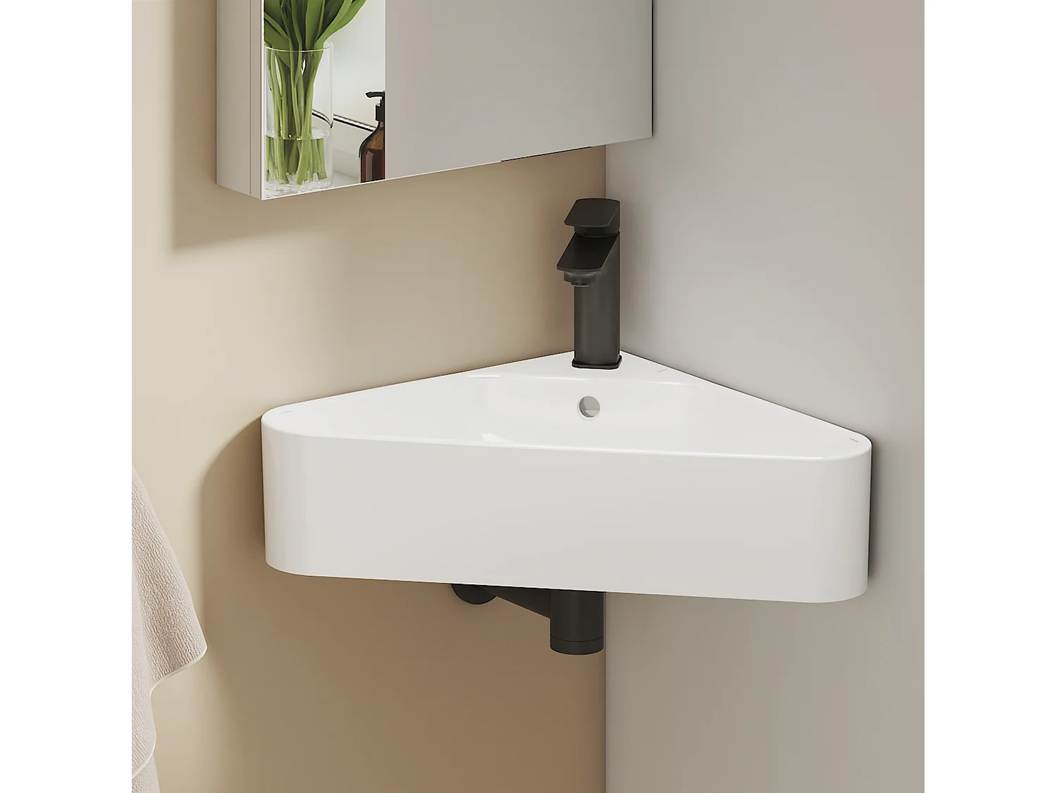 EMKE Lavabo d'Angle en Céramique 56x34x13cm, Blanc Brillant, Vasque Murale Triangulaire avec Trou pour Robinet
