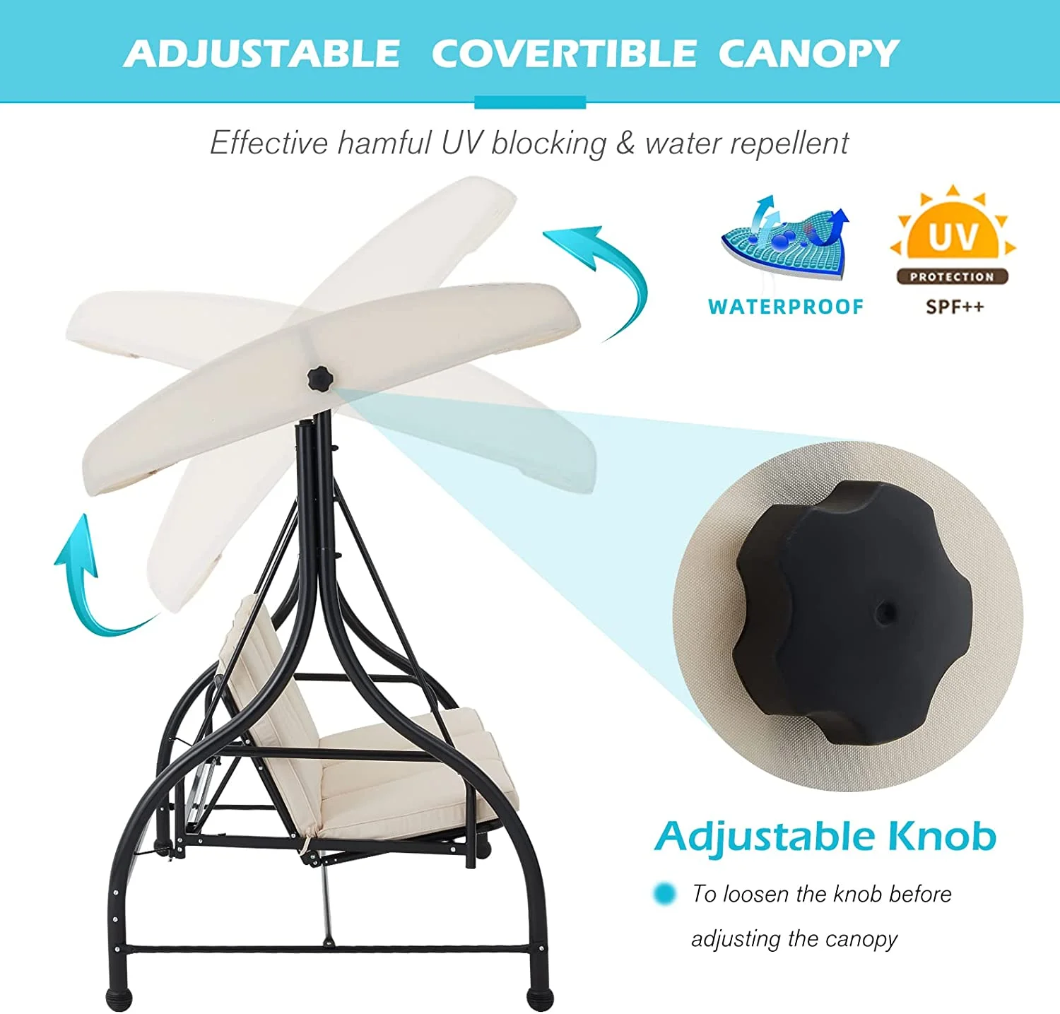 AECOJOY 3 Person Canopy Steel Porch Swing, Converting Swing Glider Hammock-Beige - Image 4