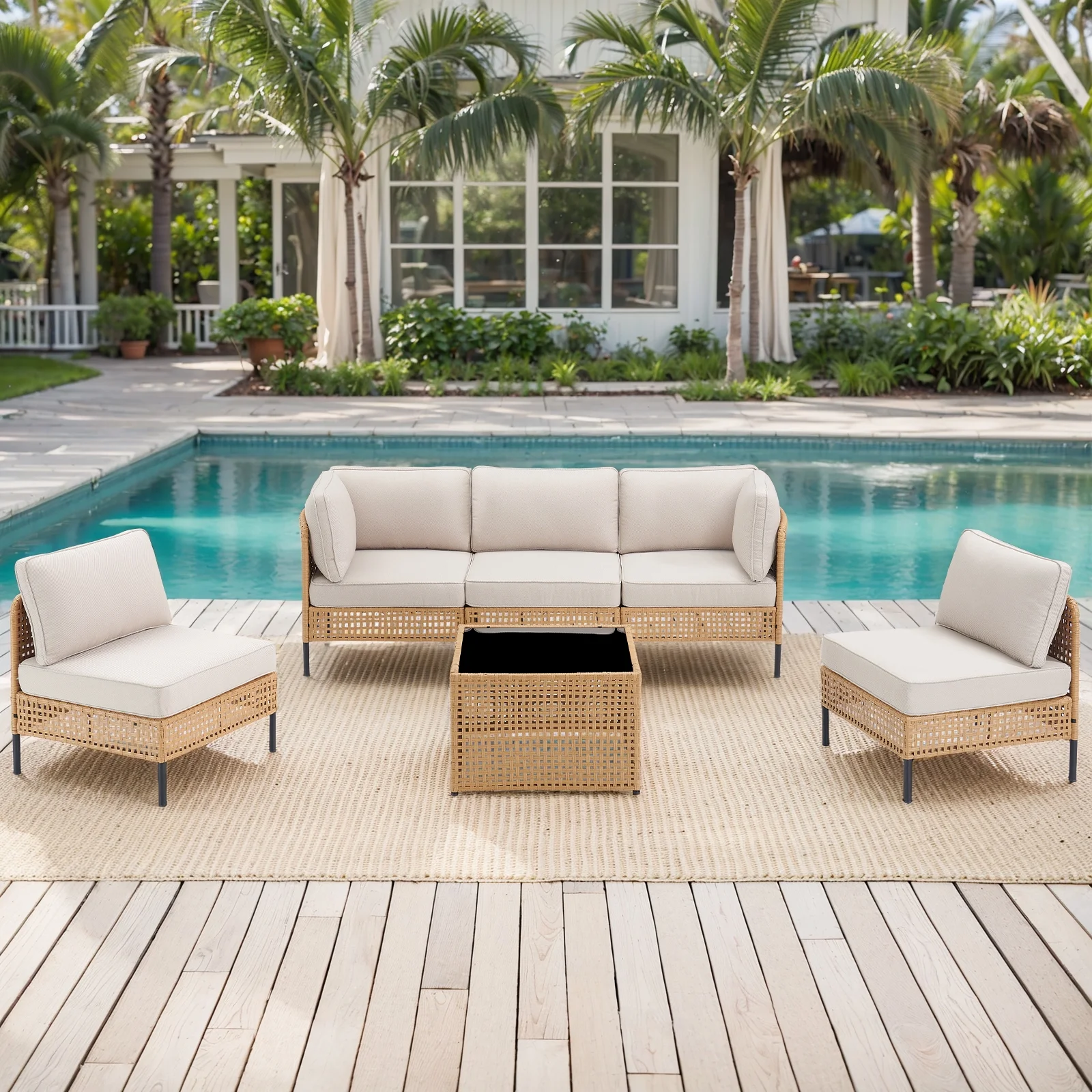 Swpormundo 6 Piece Wicker Patio Furniture Set,Outdoor Conversation Sectional Sofa w/Coffee Table,All-Weather Outdoor Sofa with Thick Cushions for Deck,Poolside,Garden,Beige