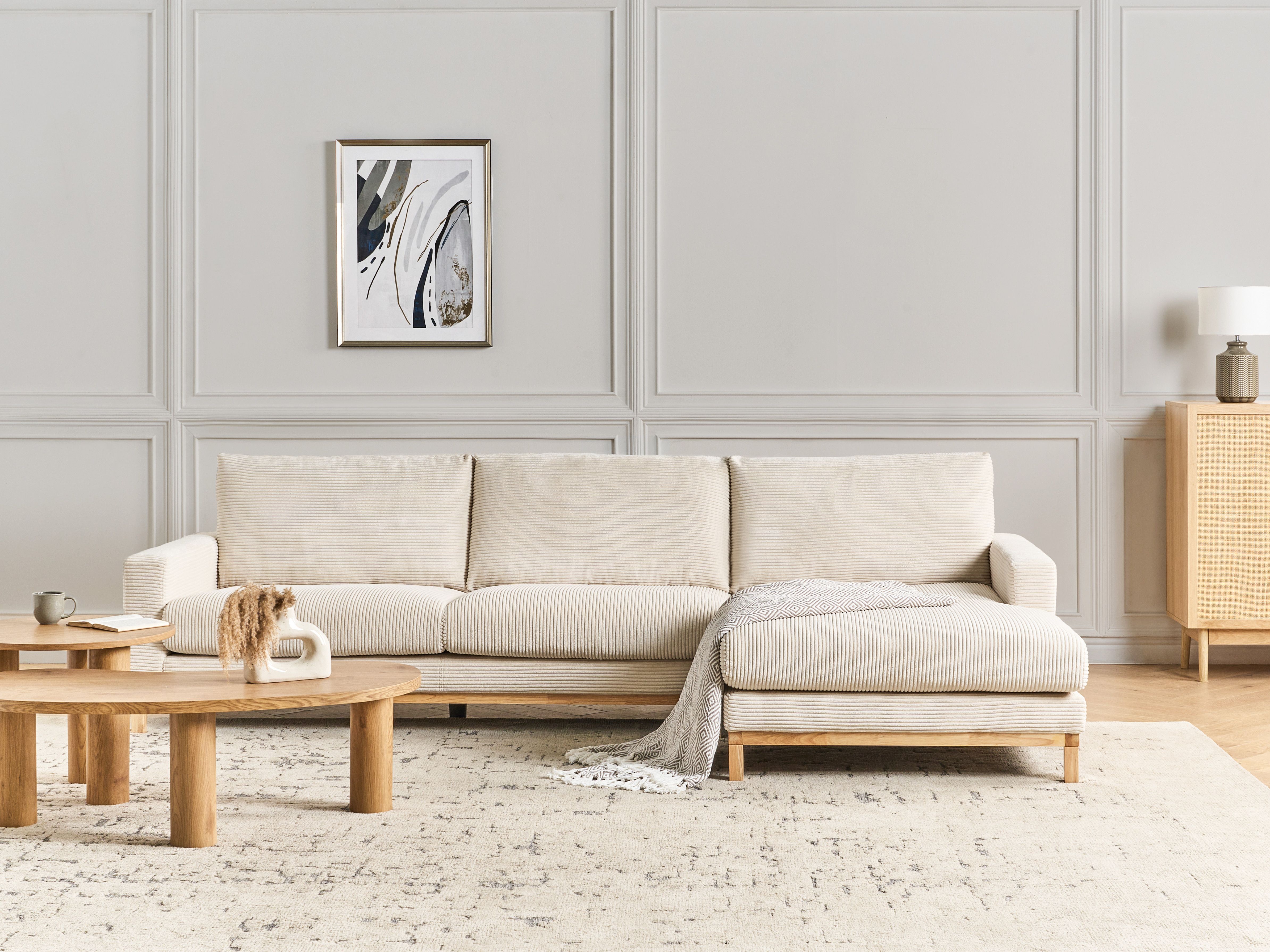 Corner Sofa 4 Seater SIGGARD Corduroy Light Beige Left Hand