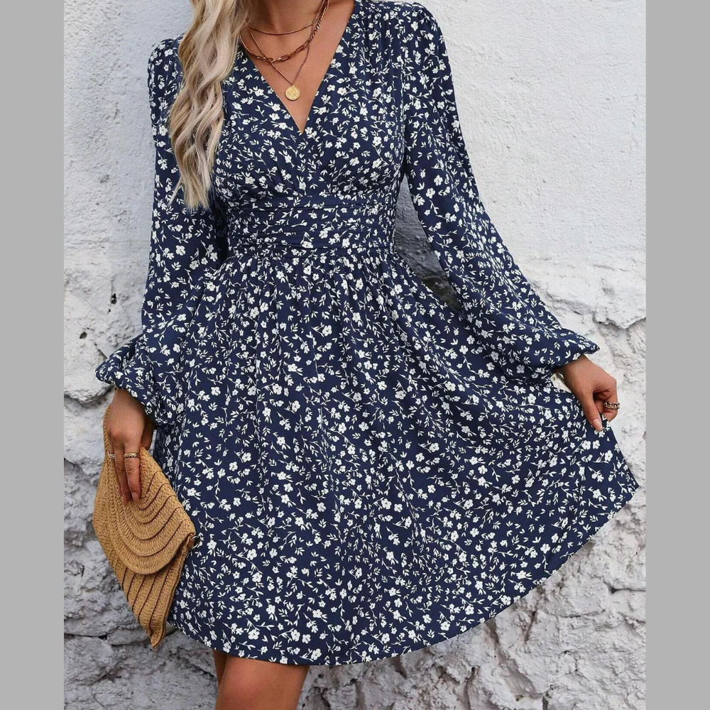 Floral Print V-Neck Long Sleeve Mini Dress - ZKZOOK