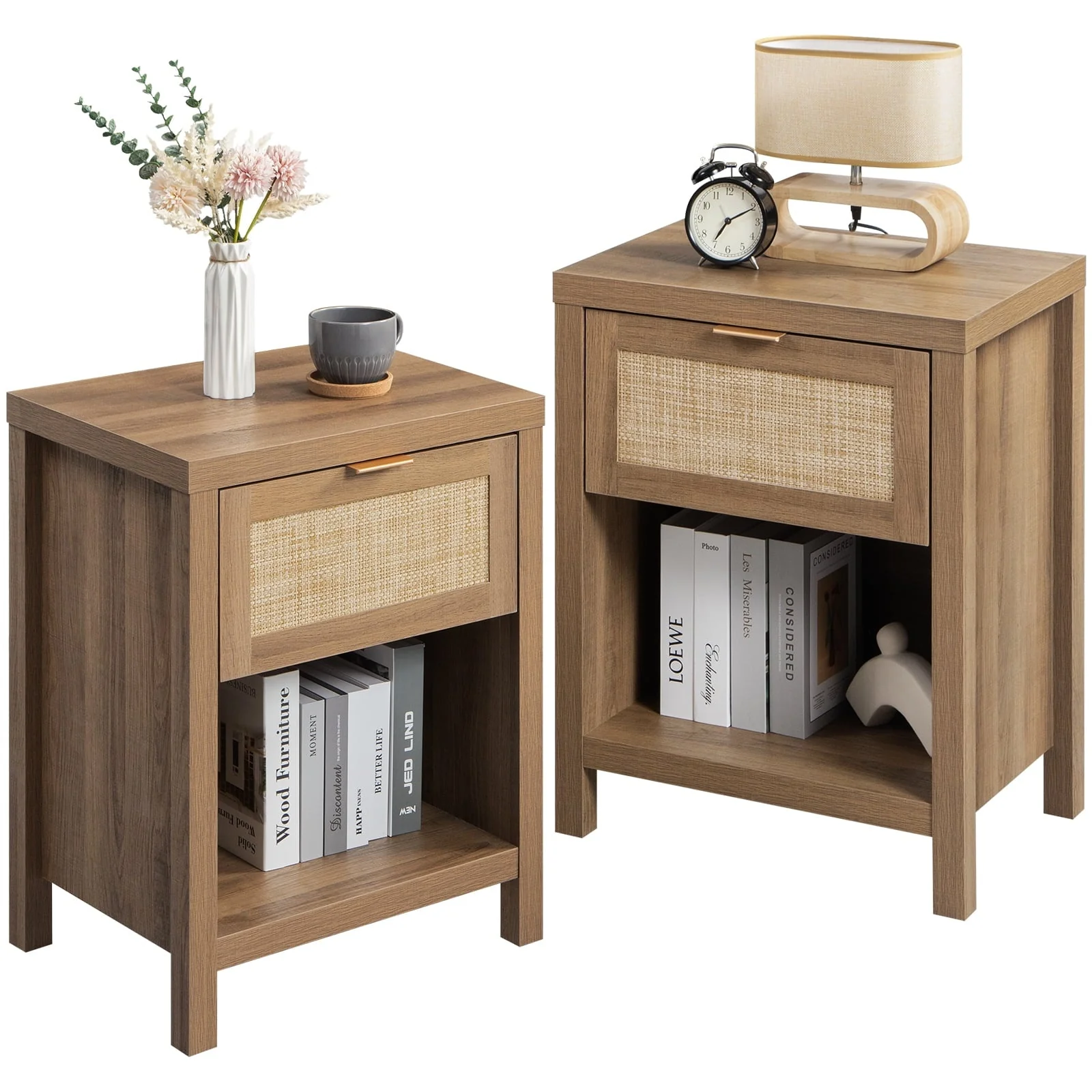 Surmoby Rattan Nightstand Set of 2,Farmhouse Bedside Tables with Drawer and Storage Shelf,Natural Boho End Table Side Table for Bedroom,Living Room - Image 4