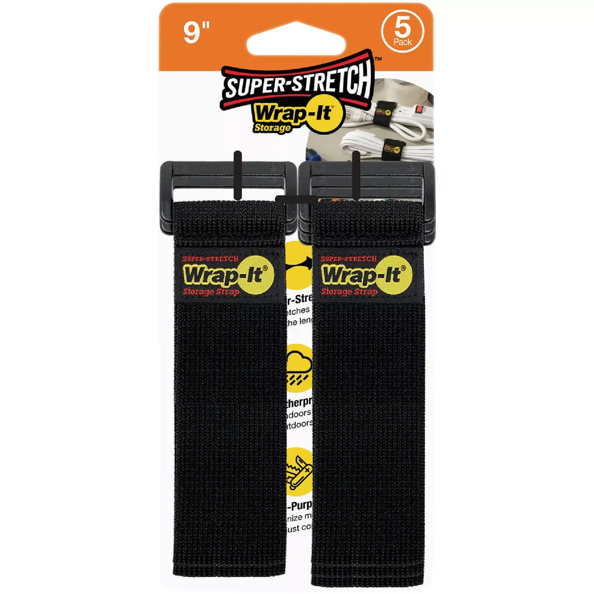 Wrap-It Storage Super-Stretch 9 In. x 1 In. Elastic Hook & Loop Cinch Straps (5-Pack)