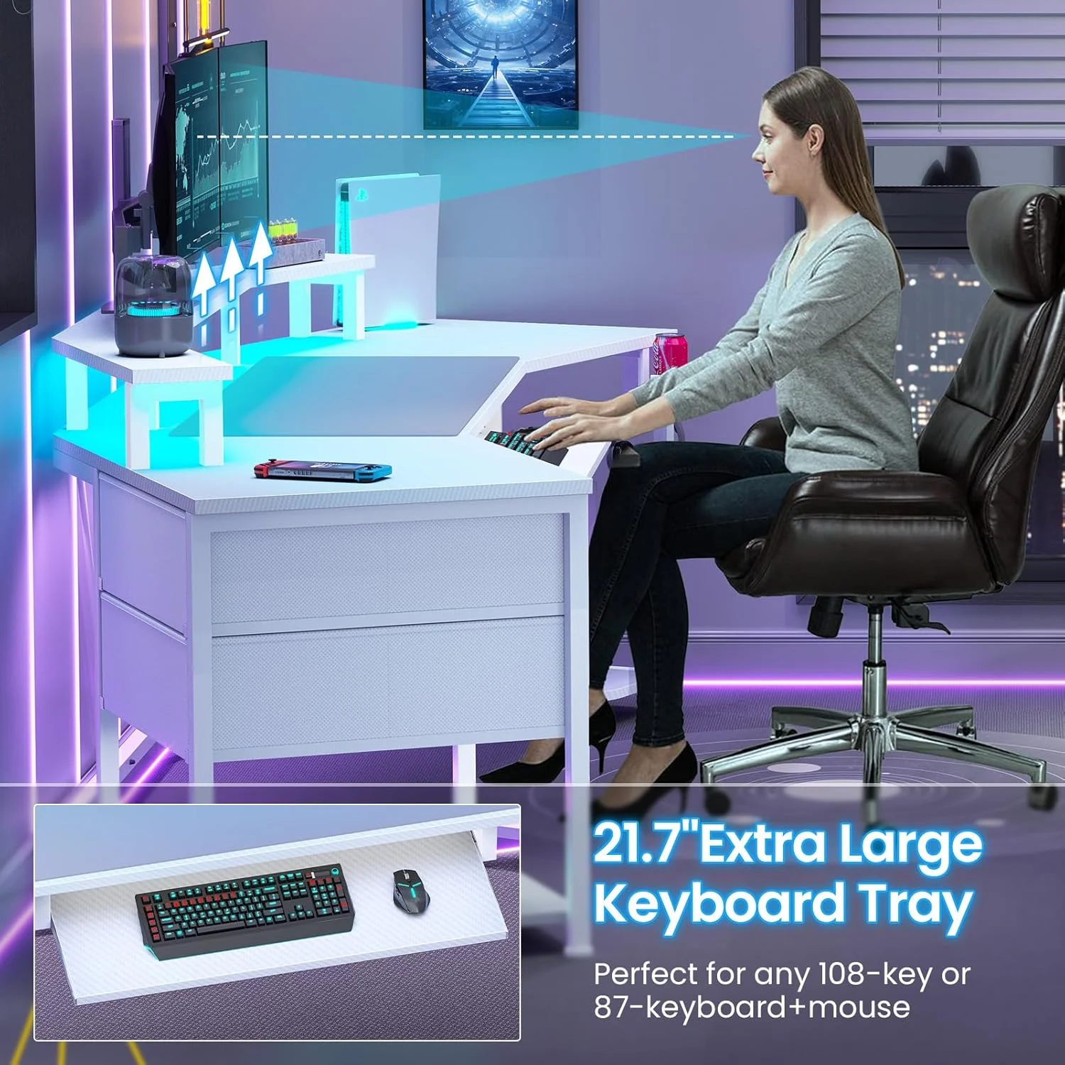 79" Gaming Desk with LED Lights and Power Outlets, U Shaped Desk with Monitor Stand and Drawers, Gaming Table with Keyboard Tray, Cup Holder and CPU Stand for Bedroom, Carbon Fiber Black - Image 23