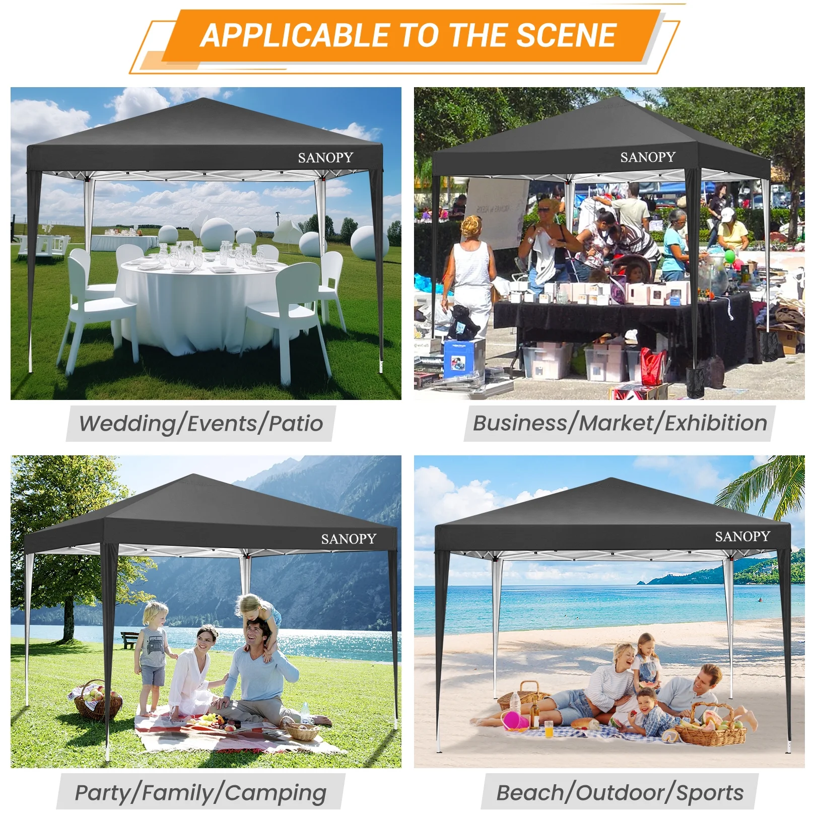 SANOPY 10'x10' EZ Pop Up Canopy Tent Outdoor Party Instant Shelter Portable Folding Beach Canopy with 4 Sandbag & Carrying Bag, Black - Image 2