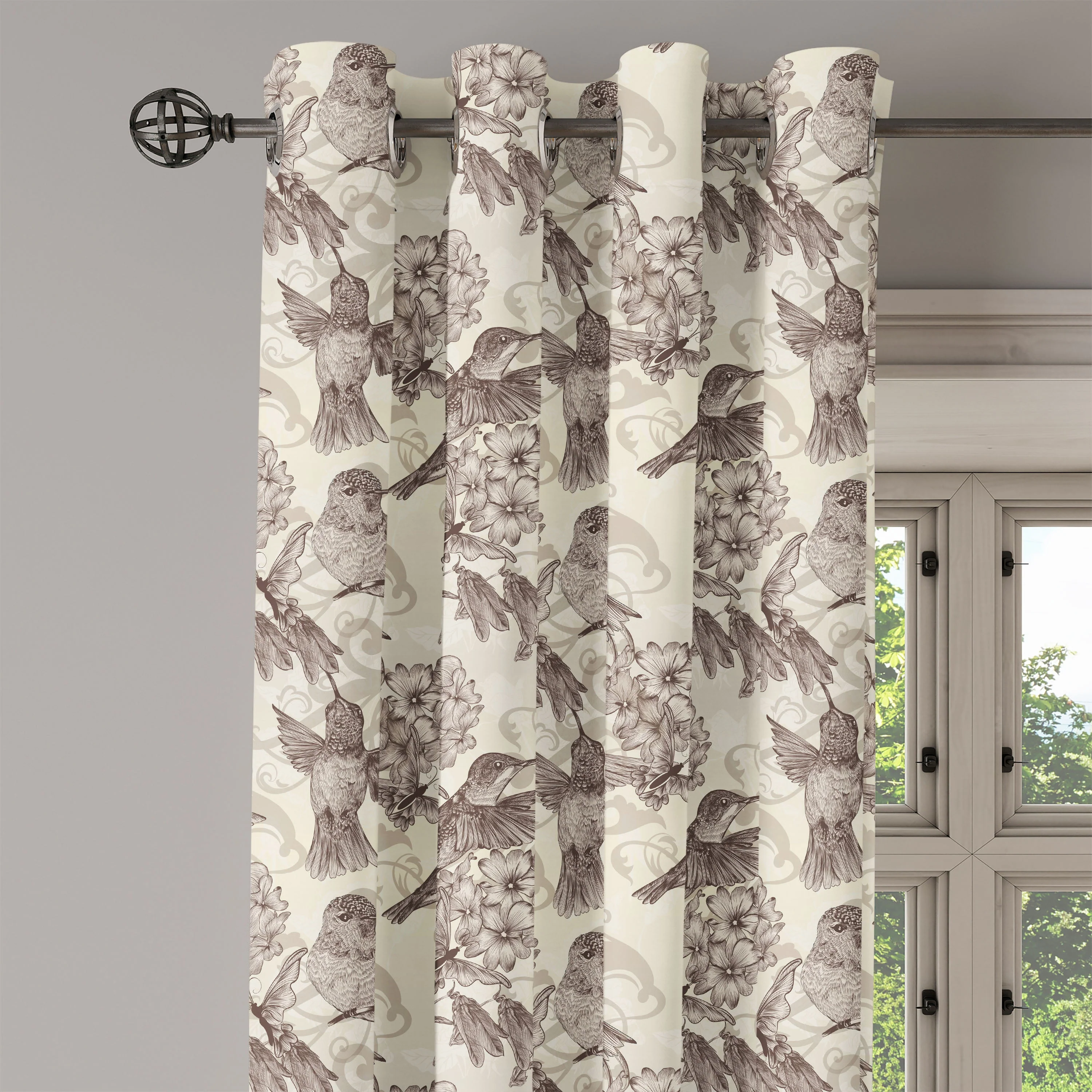 Hummingbirds Grommet Curtain, Birds and Flowers Monochromic Classical Design Nostalgia Ornate, Decorative 2-Panel Window Drapes for Bedroom Living Room, 50
