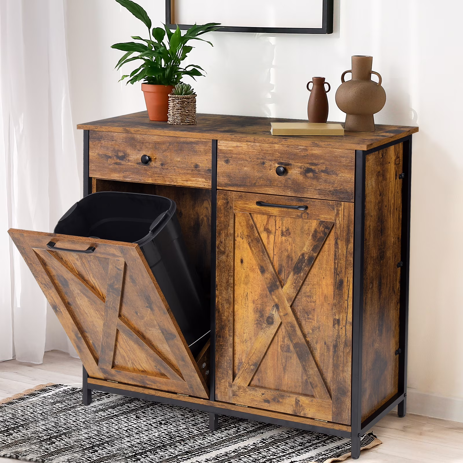 Pirecart 20 Gallon Double Tilt Out Trash Cabinet Wood Hidden Storage Cabinet, Recycling Cabinet with 2 Drawers, Black - Image 7