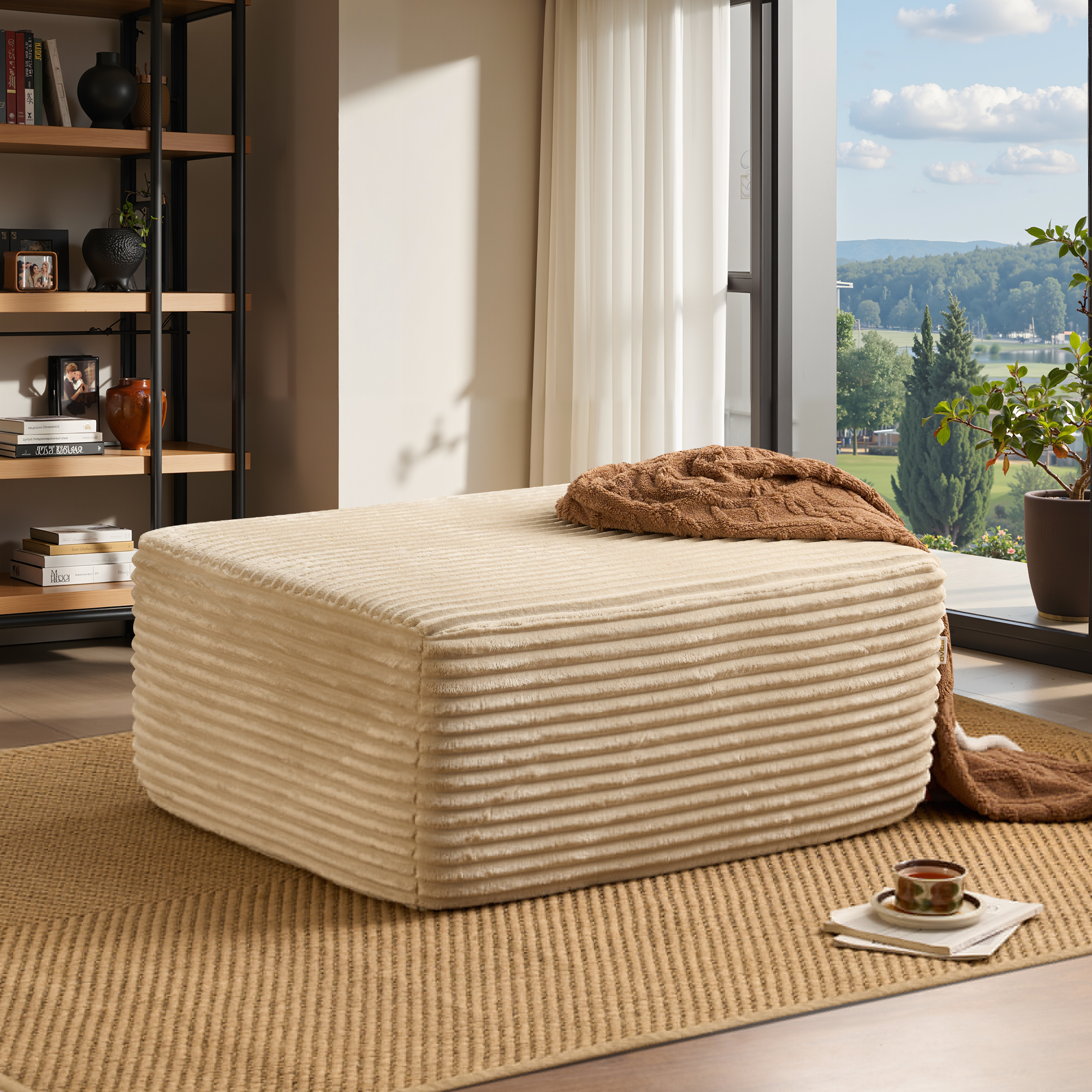Ovios Oversized Ottoman Footrest for Sofa Large Plush Corduroy Pouf Ottoman Coffee Table Rectangle Floor Bench Extra Seating for Living Room, No Assembly, Beige
