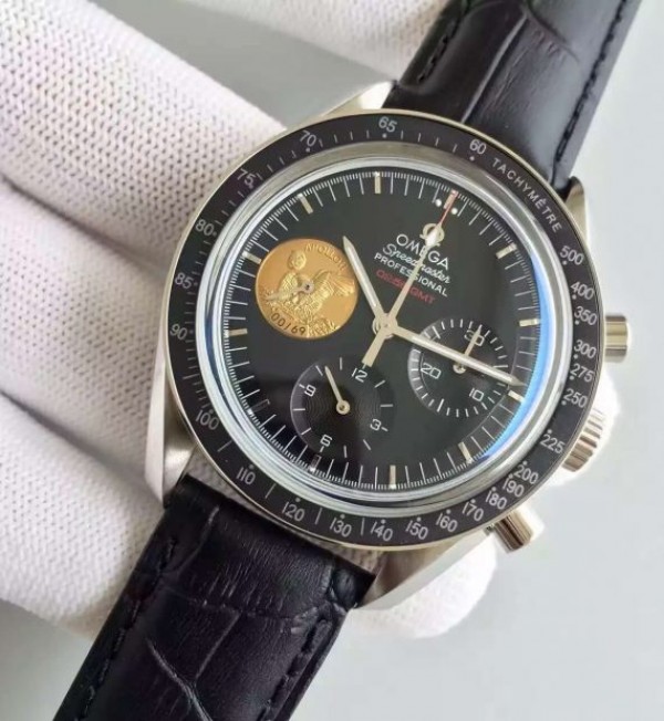 Replica Omega Speedmaster Apollo 11 40th anniversary Black Dial Leather Manual Winding - Elite Watch Atelier