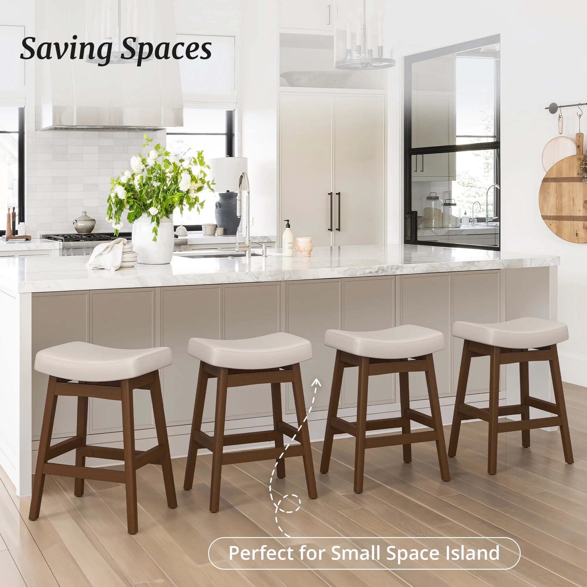 Dycanpo Saddle Seat Counter Height Bar Stools Set of 3 for Kitchen, Dining, 24in, Beige-Fabric - Image 17