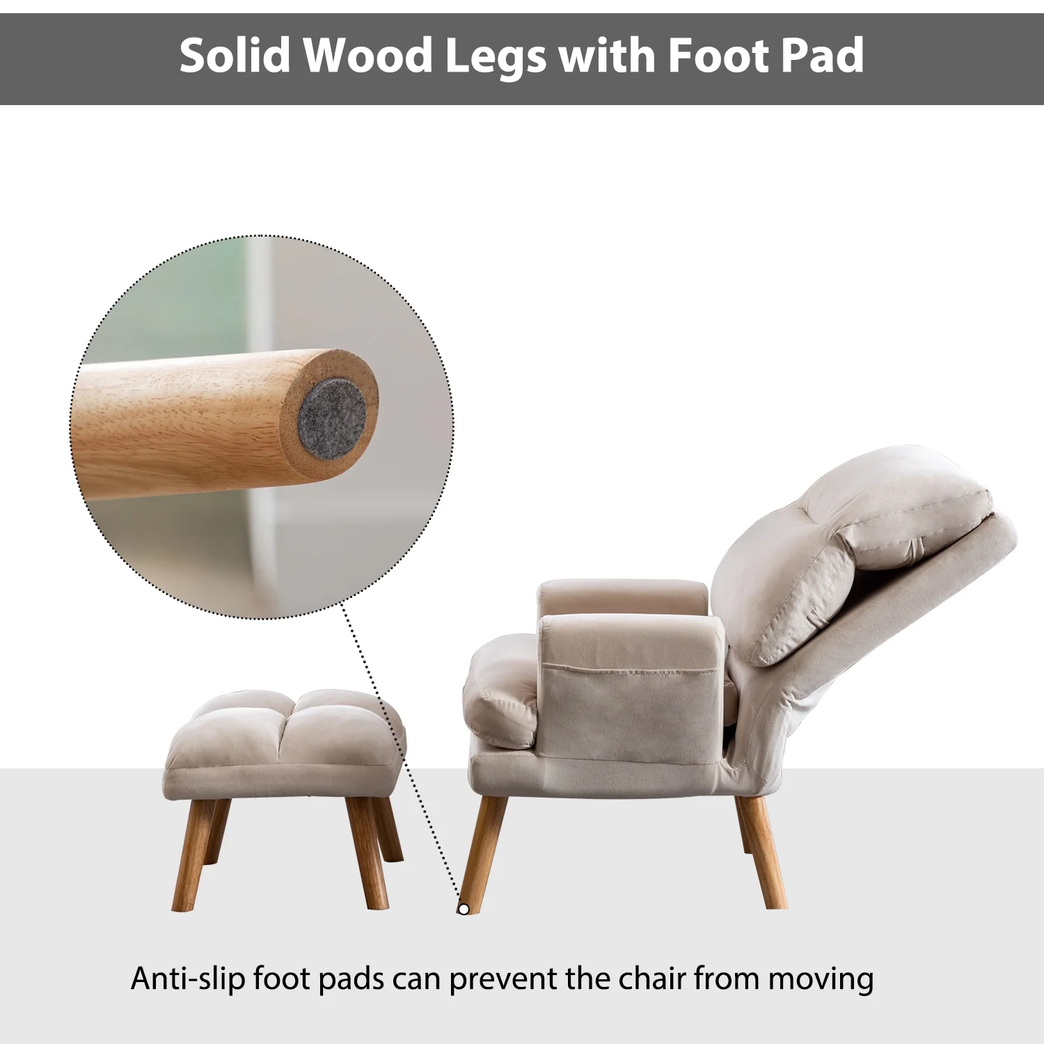 Bestier Adjustable Accent Chairs with Ottoman, Velvet Fabric Armchair for Bedroom Living Room, Comfy Lounge Chair with Padded Backrest and Side Pocket, Soft Reading Chair, Beige - Image 6