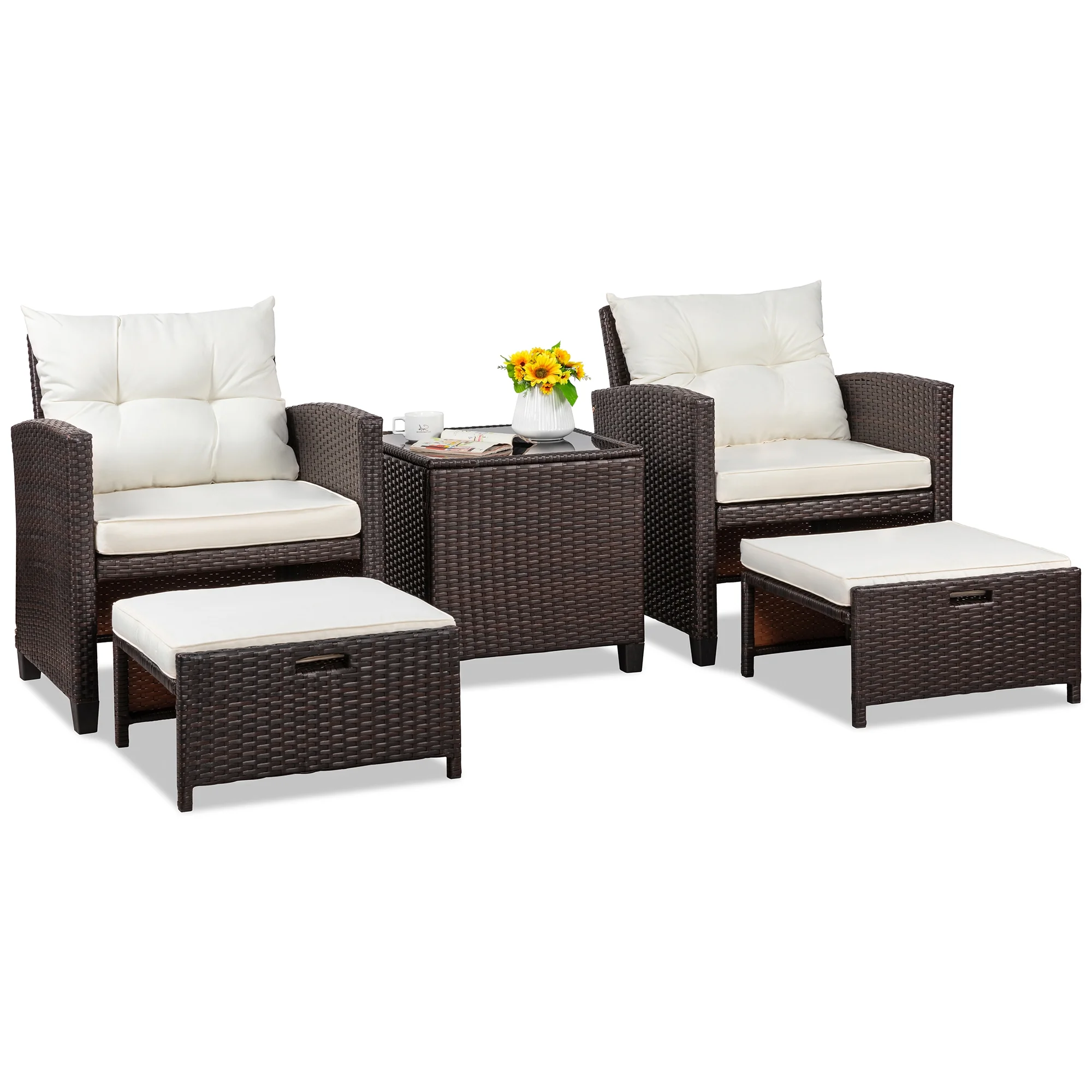 Sobaniilo 5 Piece Patio Furniture Set,Outdoor PE Wicker Patio Chair Two with Ottoman Underneath, Wicker Lounge Chair with Side Table, Beige