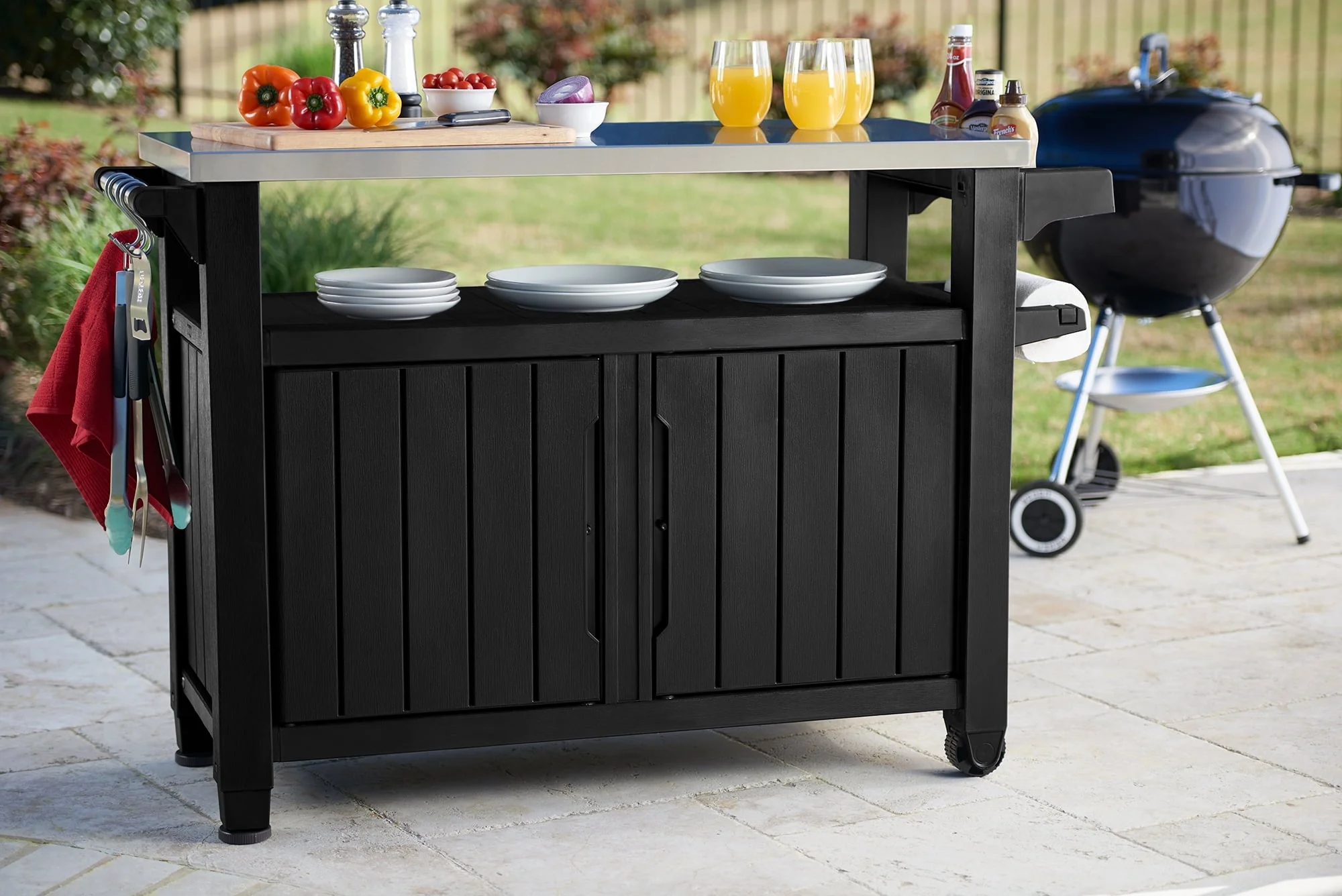 Keter Unity XL Resin Serving Station, All-Weather Plastic and Metal Grill, Storage and Prep Table, Graphite - Image 5