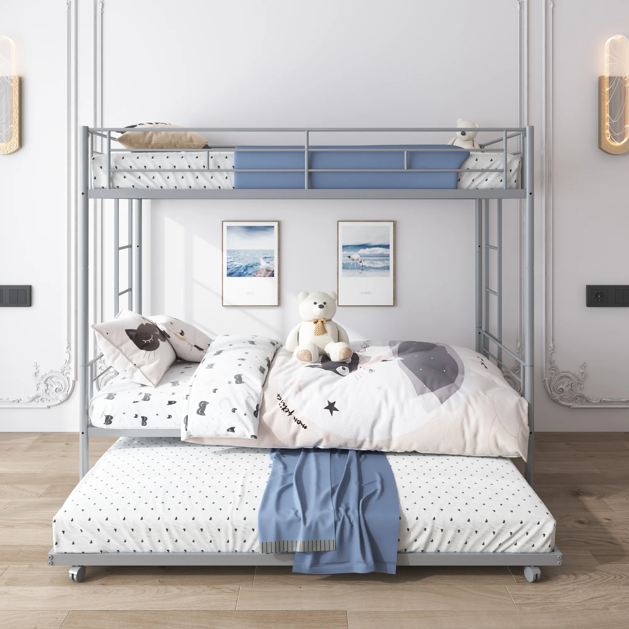 Syngar Twin over Twin Bunk Bed with Trundle, Upgraded Bunk Bed with Ladder & Guardrail, Heavy Duty Teens Bedroom Furniture for Teens, Space Saver Guest Room Bunk, Silver, D6557