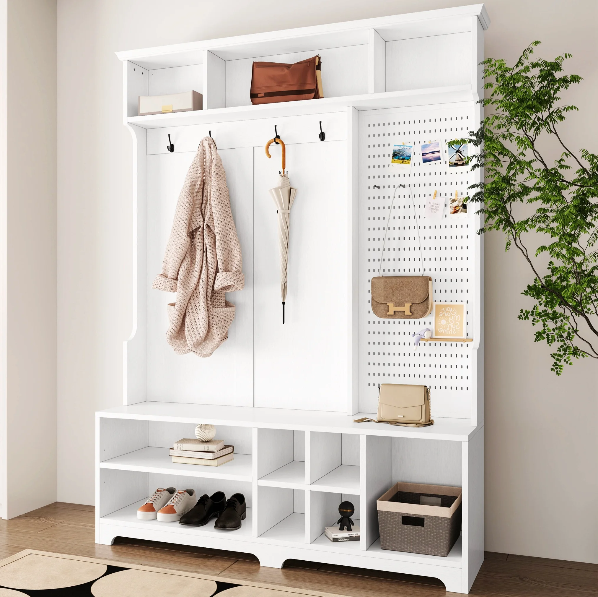 Hall Tree with Shoe Bench, Coat Rack ,Shoe Storage ,Storage Shelves and Pegboard, for Hallways, Halls and Bedrooms, White