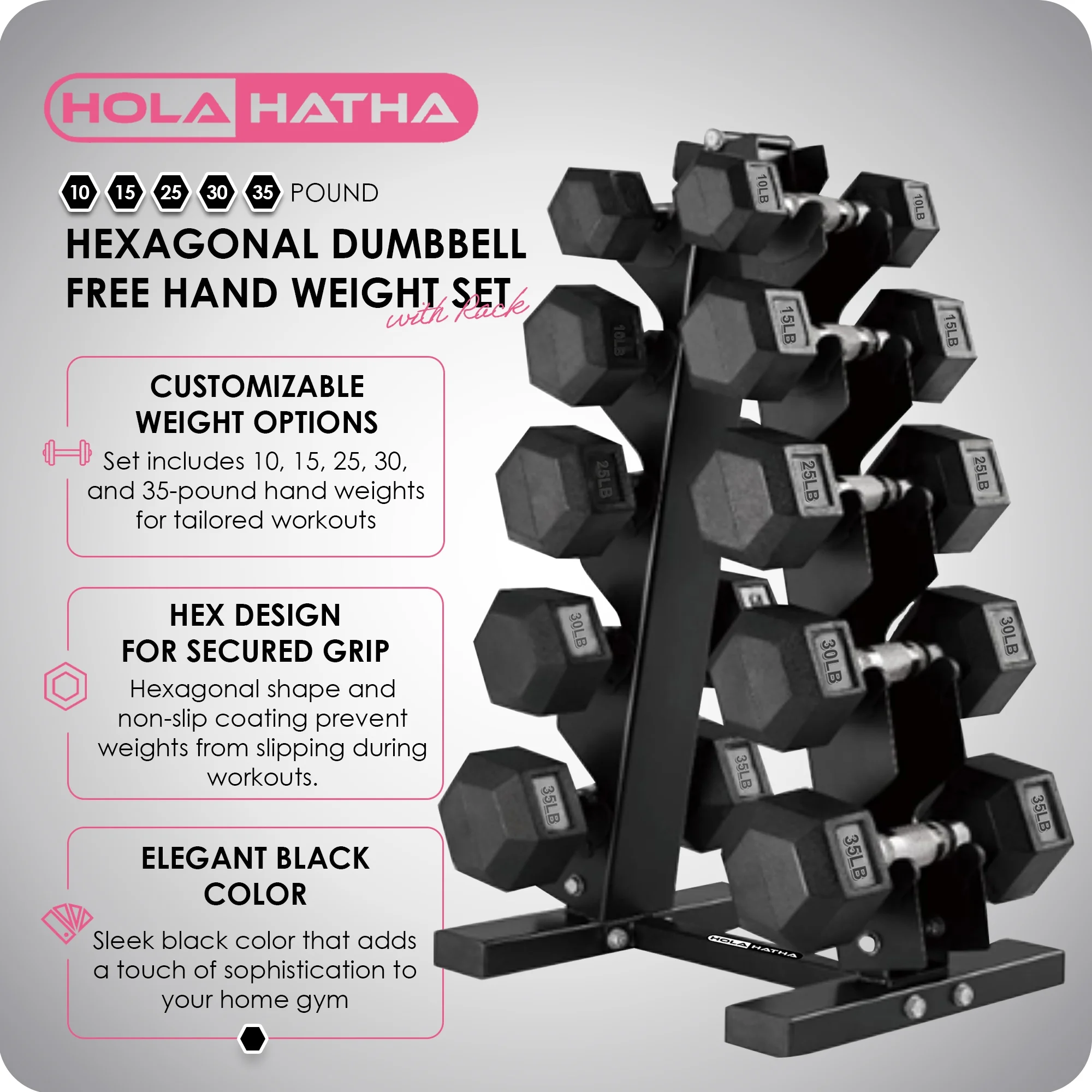 HolaHatha 10, 15, 25, 30, & 35 Pound Hexagonal Dumbbell Weight Set w/Rack - Image 2