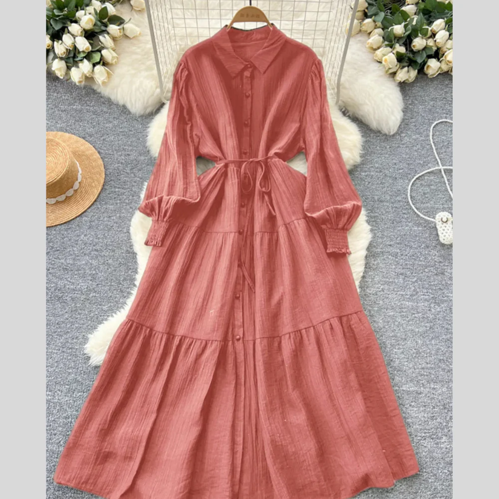 Button Down Tiered Long Sleeve Dress - ZKZOOK