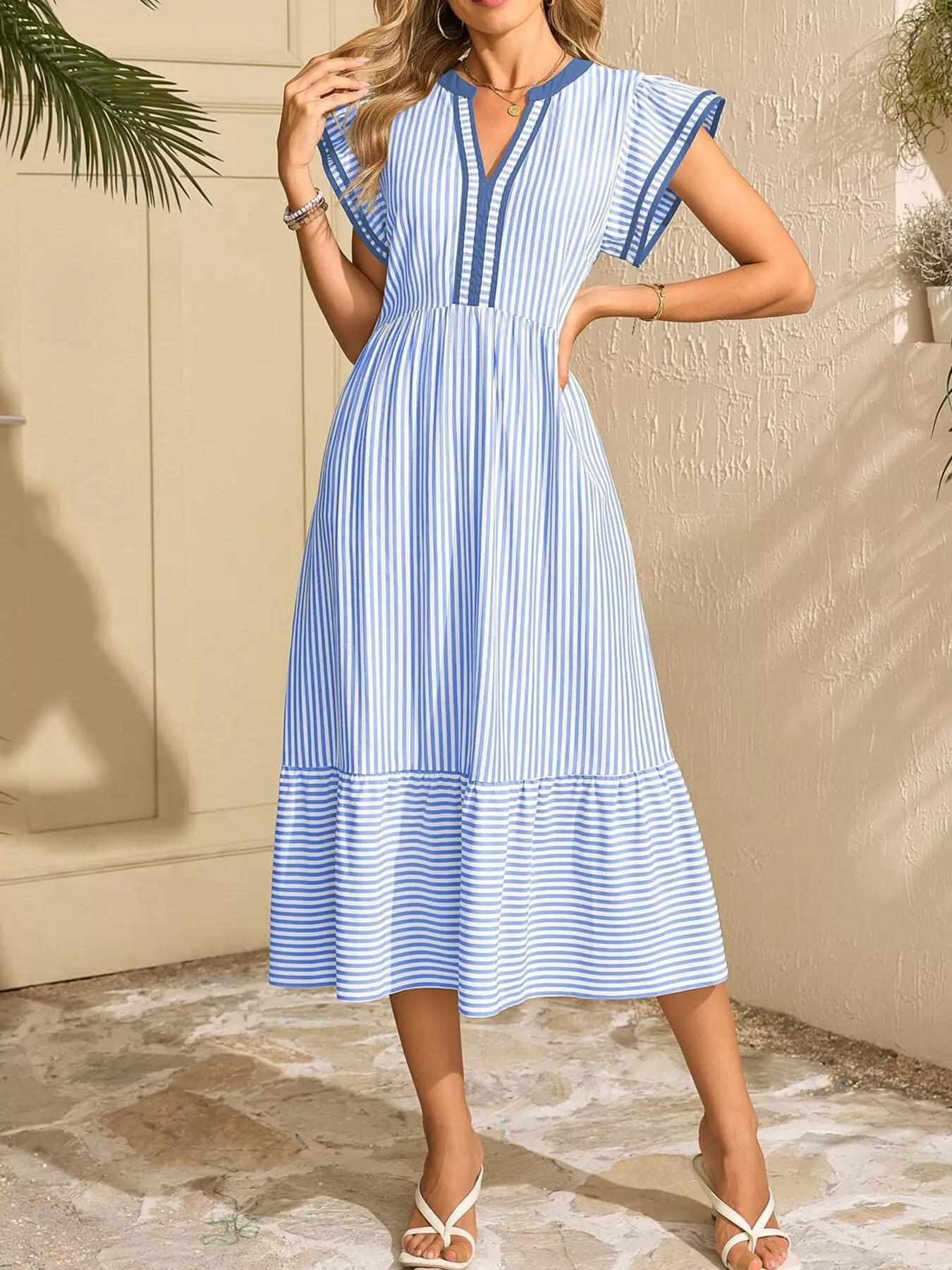 Striped Notched Ruffle Sleeve Dress - ZKZOOK
