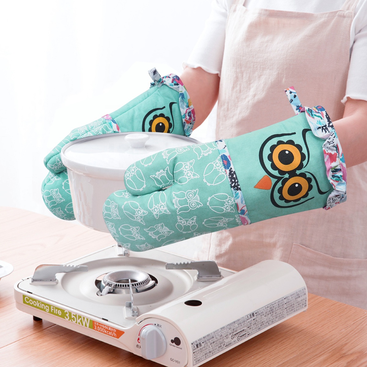 Owl Pattern Kitchen Cotton Silicone Oven Mitts Non-Slip BBQ Chef Gloves Pairs Heat Resistant Dishwasher Safe