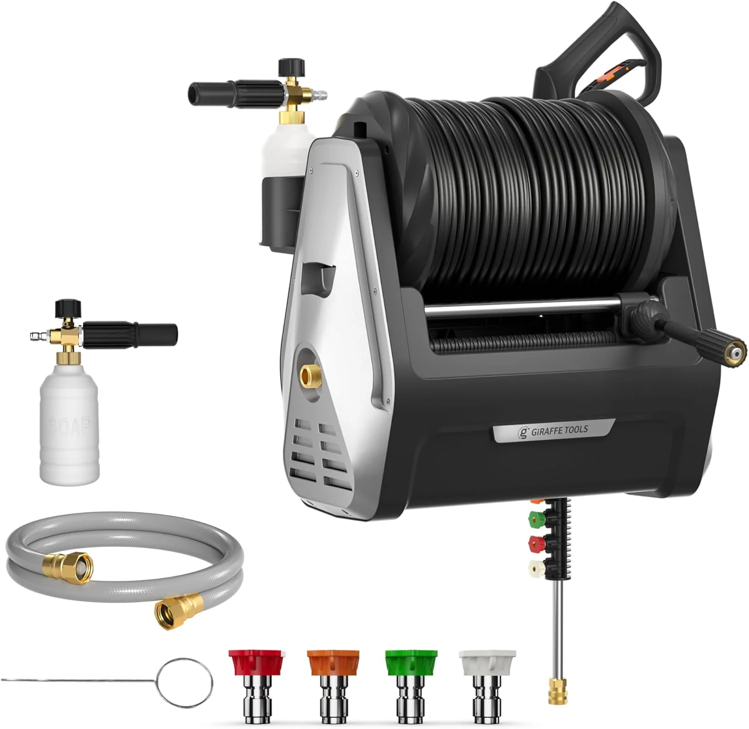 Giraffe Tools Wall Mounted Electric Pressure Washer, 1800W, 2900 PSI, 2.2 GPM, 100 ft Hose, 5 Nozzles Giraffe Tools Wall Mounted Electric Pressure Washer, 1800W, 2900 PSI, 2.2 GPM, 100 ft Hose, 5 Nozzles