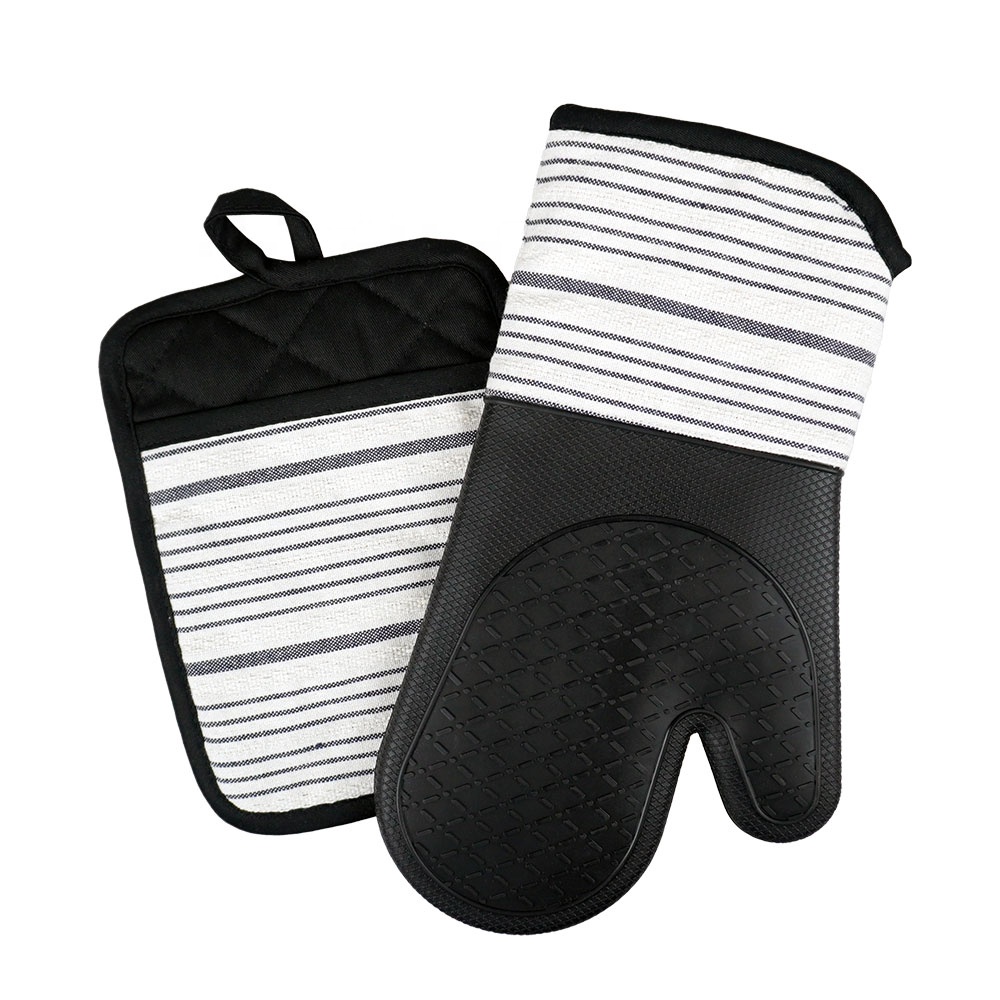 Printed Kitchen Pot Holder Oven Mitts Sets Cooking Gloves Chef Cotton Heat Resistant Long Silicone Oven Mitts Set