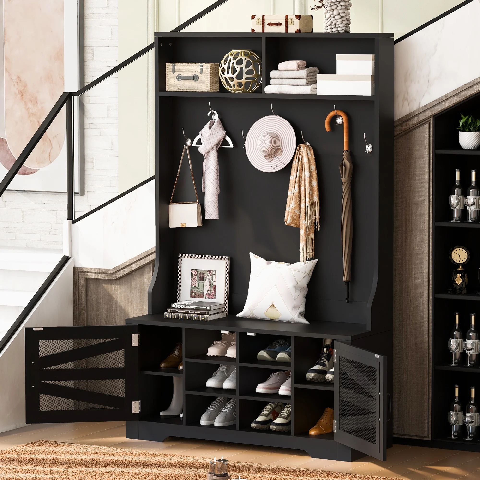 Royard Oaktree Hall Tree w/Mesh Doors & Adjustable Shelves, Rustic Ventilated Entryway Bench w/7 Hooks