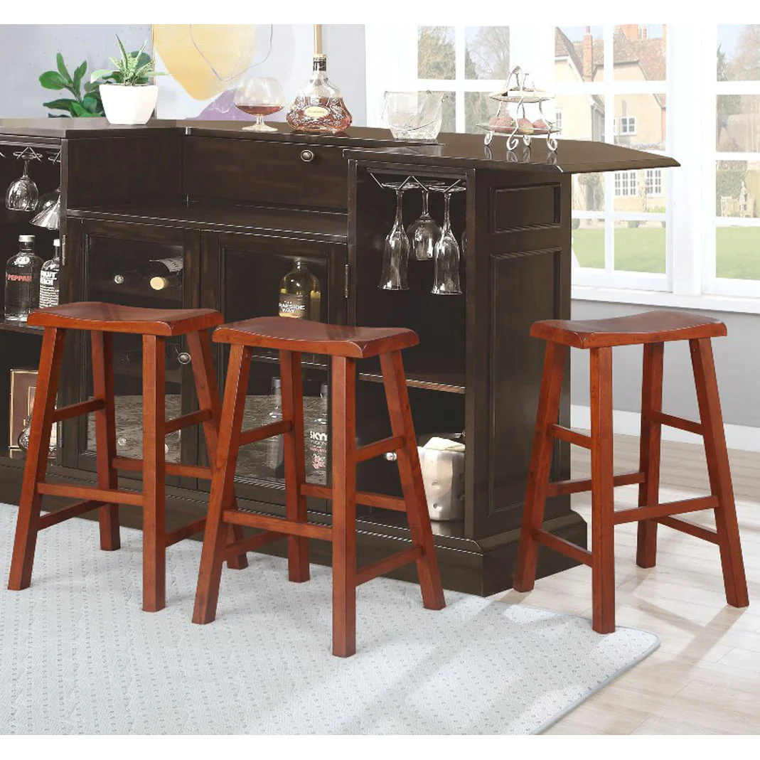 eHemco Heavy-Duty Solid Wood Saddle Seat Kitchen Counter Barstools, 29 Inches, Dark Oak, Set of 3