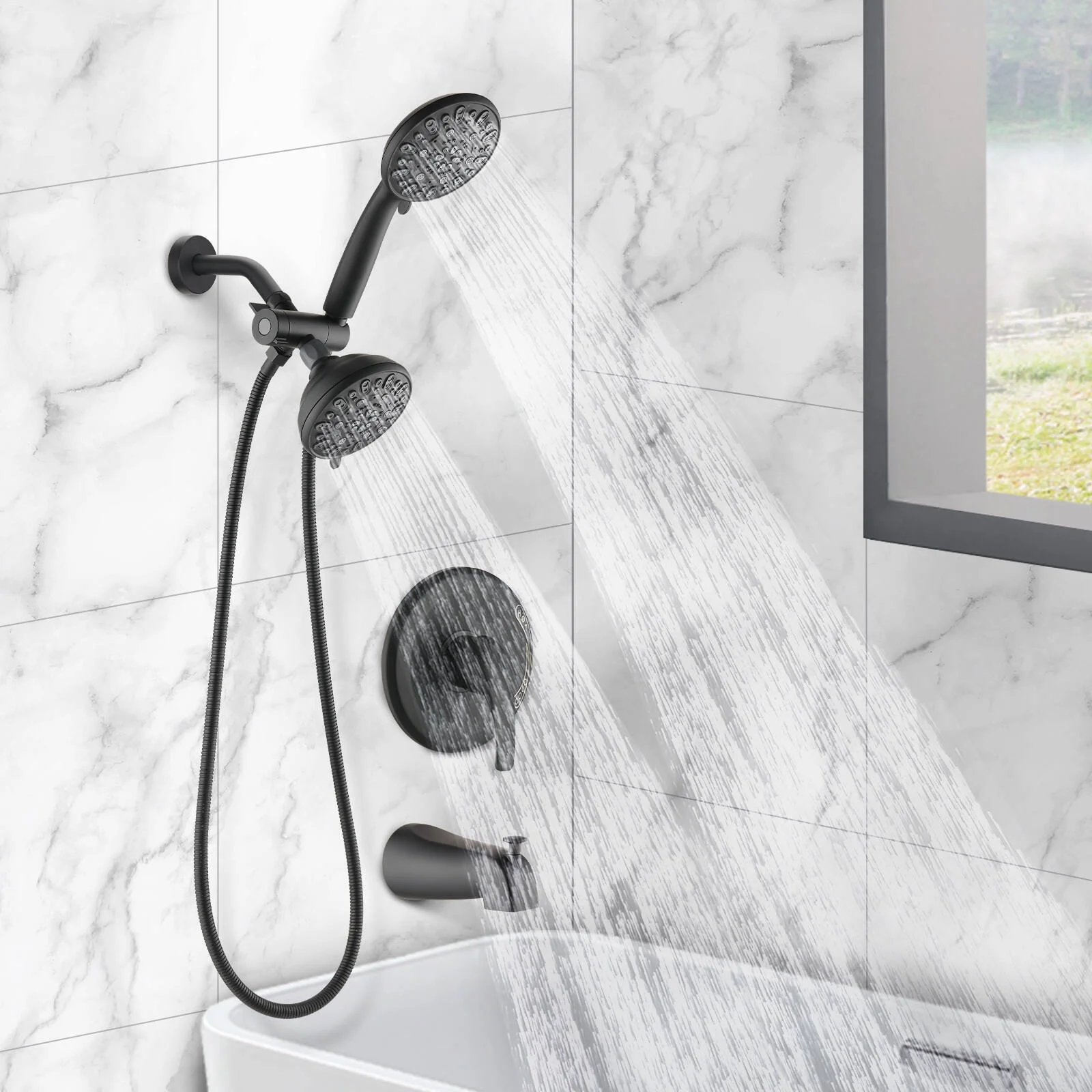 Proox 5 inch High Pressure Dual 2 in 1 Rain Showering Faucet Handheld Combo Set with Bathtub Spout