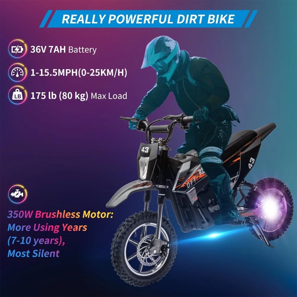 Nasitip Electric 350W Dirt Bike for Kids 8-16 year - Black - Image 4