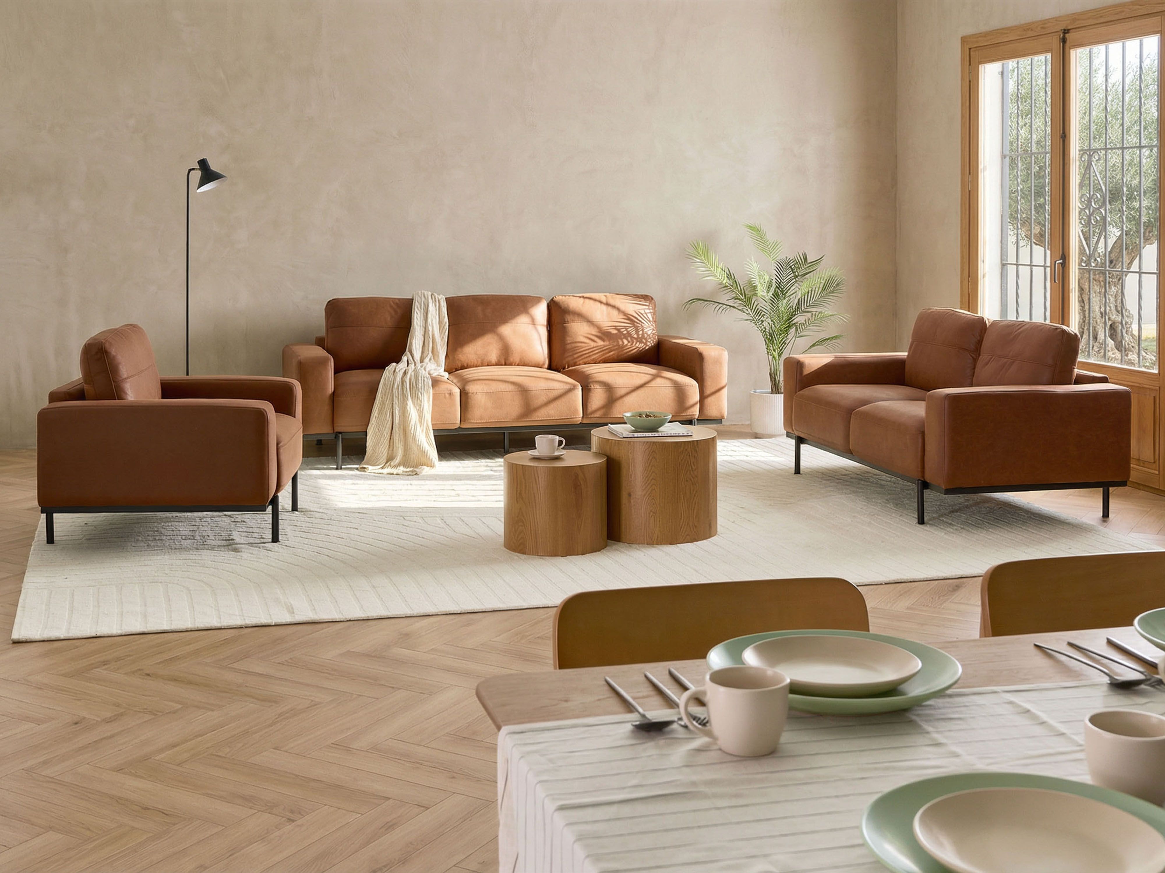 Living Room Set 6 Seater SOVIK Faux Leather Brown