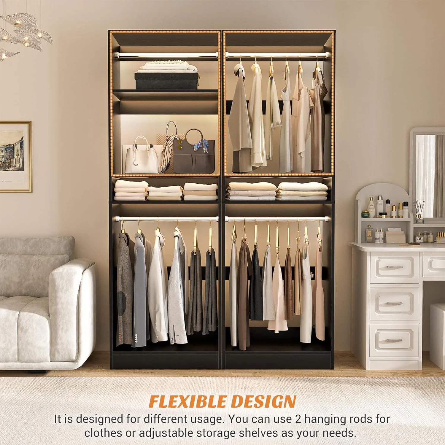 Homieasy 25�?Closet System, Freestanding Closet Organizer Wardrobe with Hanging Rods and Shelves, Adjustable Clothes Garment Rack, Sturdy Walk in Closet Tower, White - Image 19