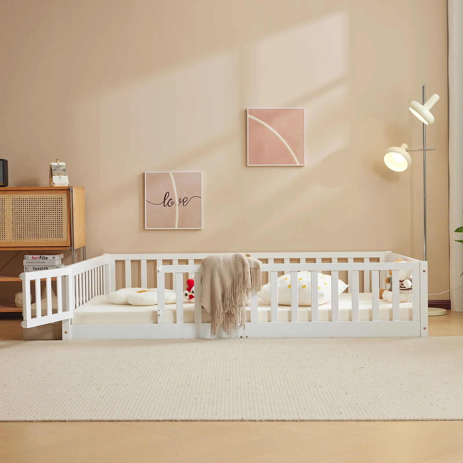 Zimtown Montessori Floor Bed Frame, Full Size Kids Toddler Bed with Fence and Door, Wooden Platform Bed, White - Image 7