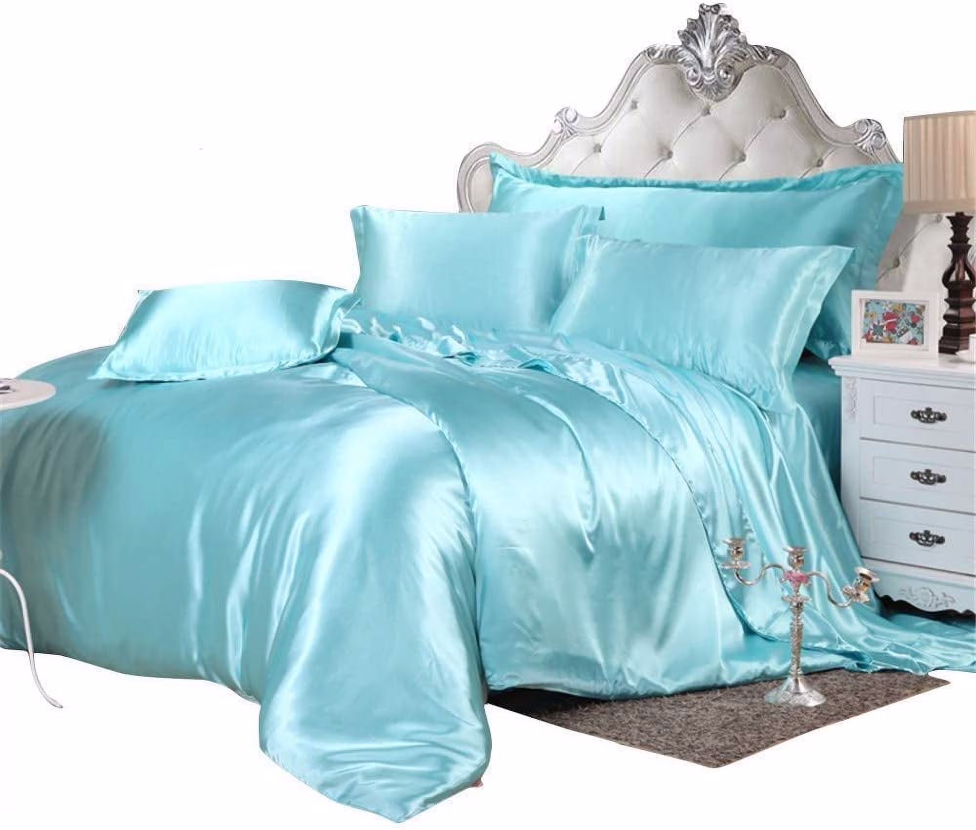 Vuvet Bedding 100% Pure Silk Satin Sheet Set 7pcs, Silk Fitted Sheet 15'' Deep Pocket,Silk Flat Sheet,Silk Duvet Cover & Pillowcases Set !!! Twin, Aqua Blue