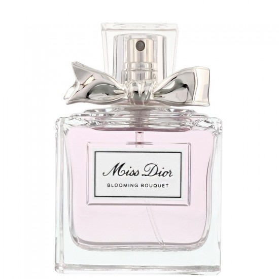 Close-up of Miss Dior Blooming Bouquet 100ml bottle featuring the signature silver couture bow and soft pink floral fragrance.